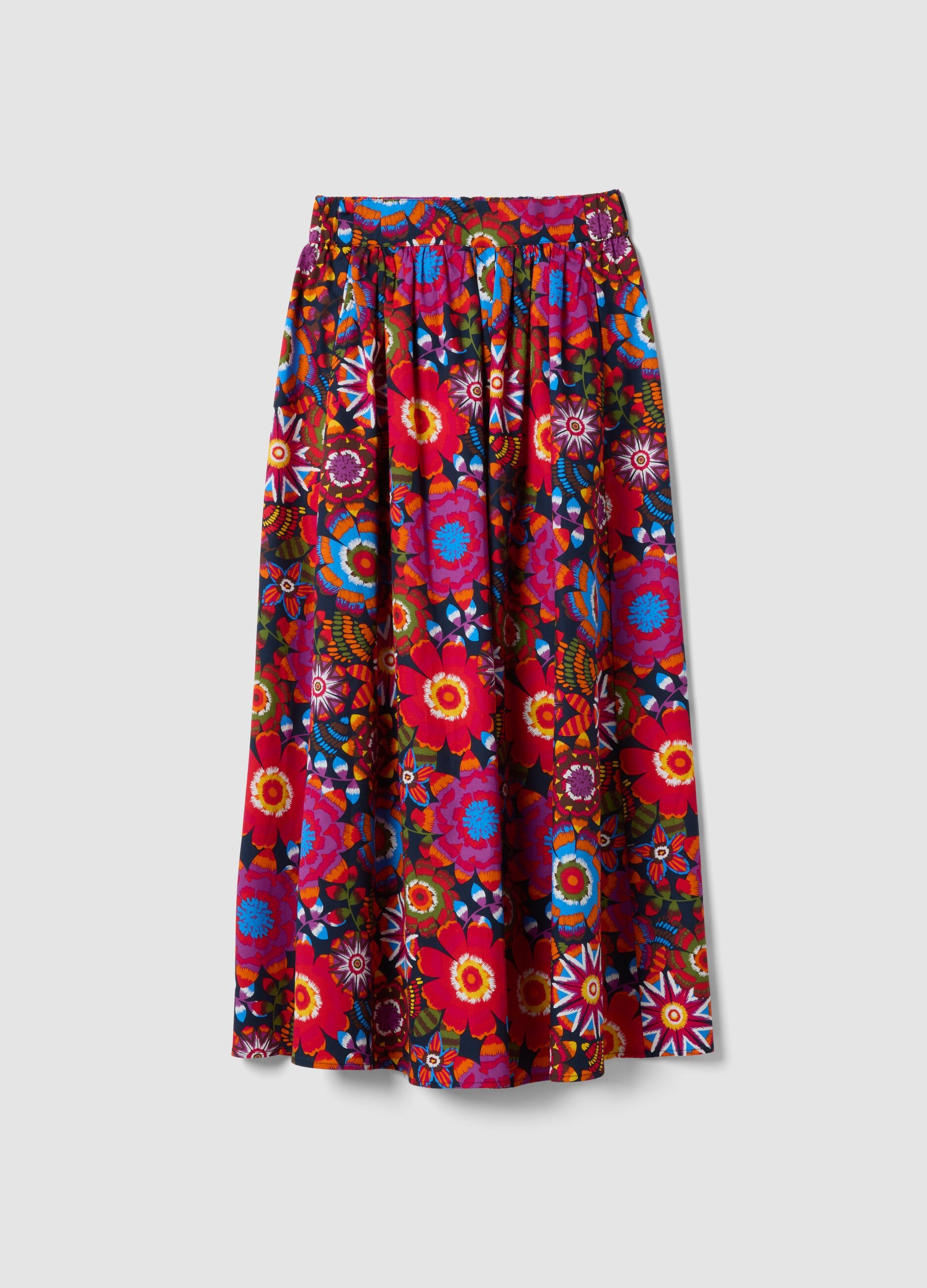 Multicolour midi skirt in pure cotton with elasticated waist