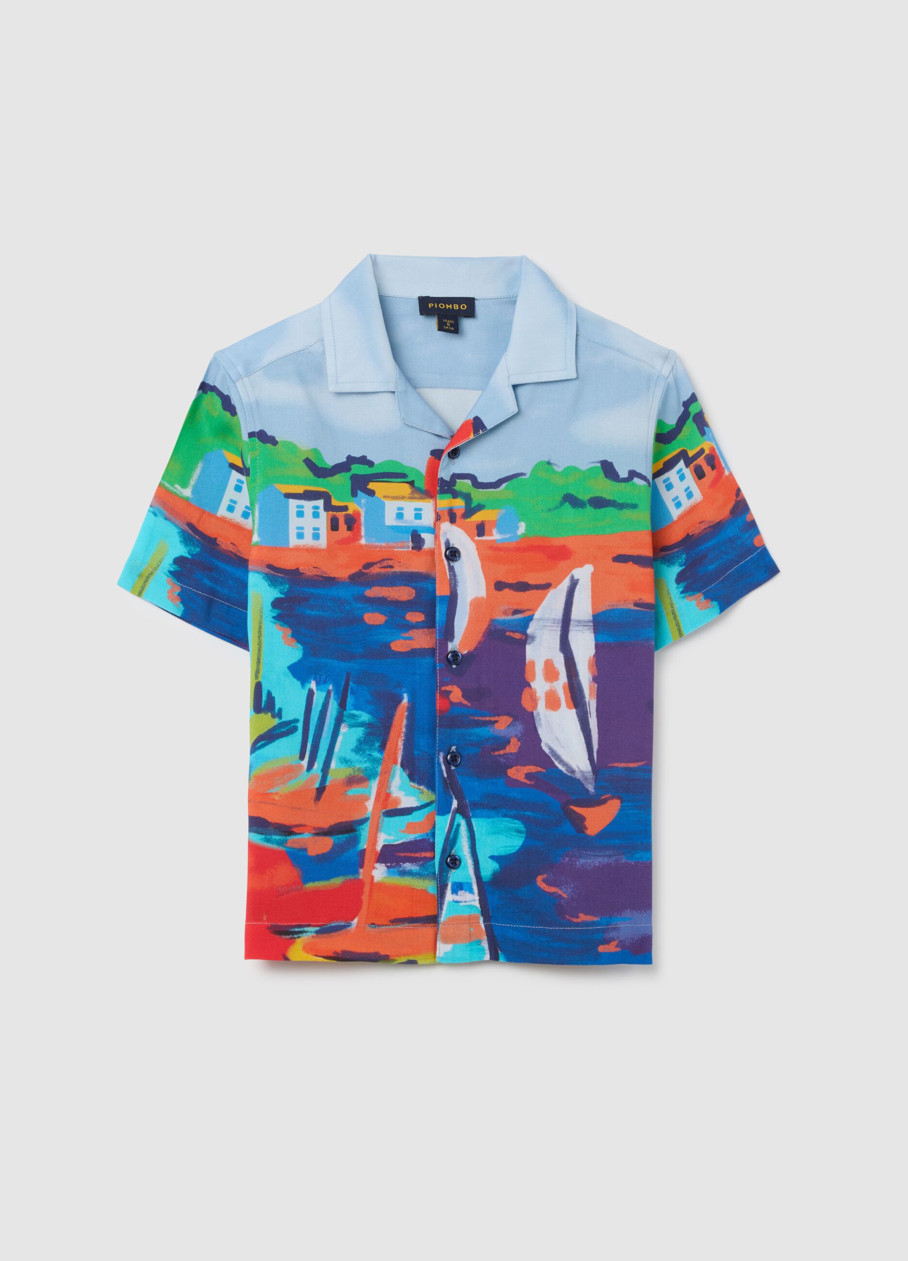 Multicolour pure viscose over fit boys' shirt with marine landscape print