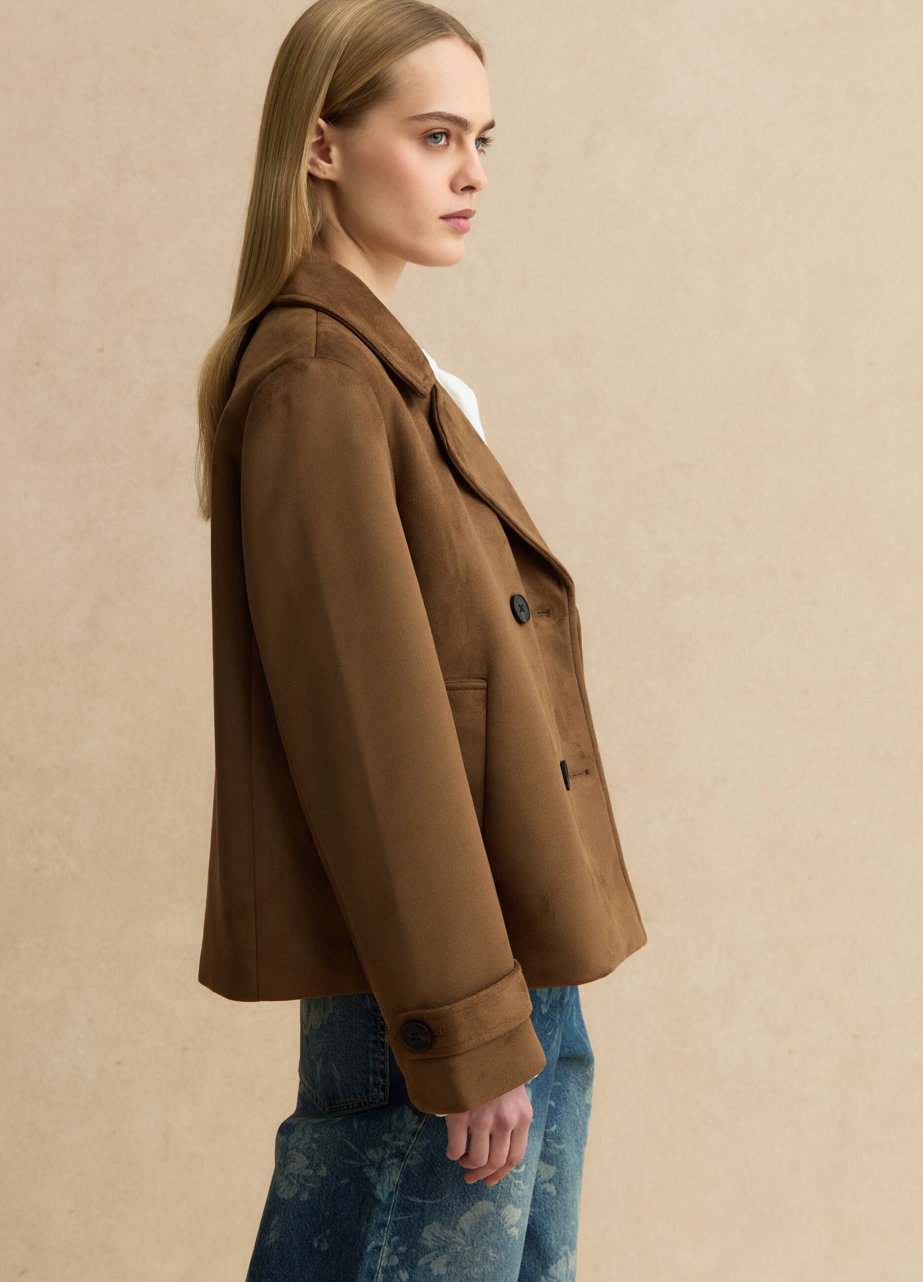 Brown double-breasted regular fit peacoat with pockets