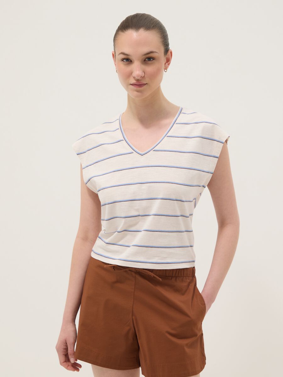 T-shirt beige in puro cotone a righe_1