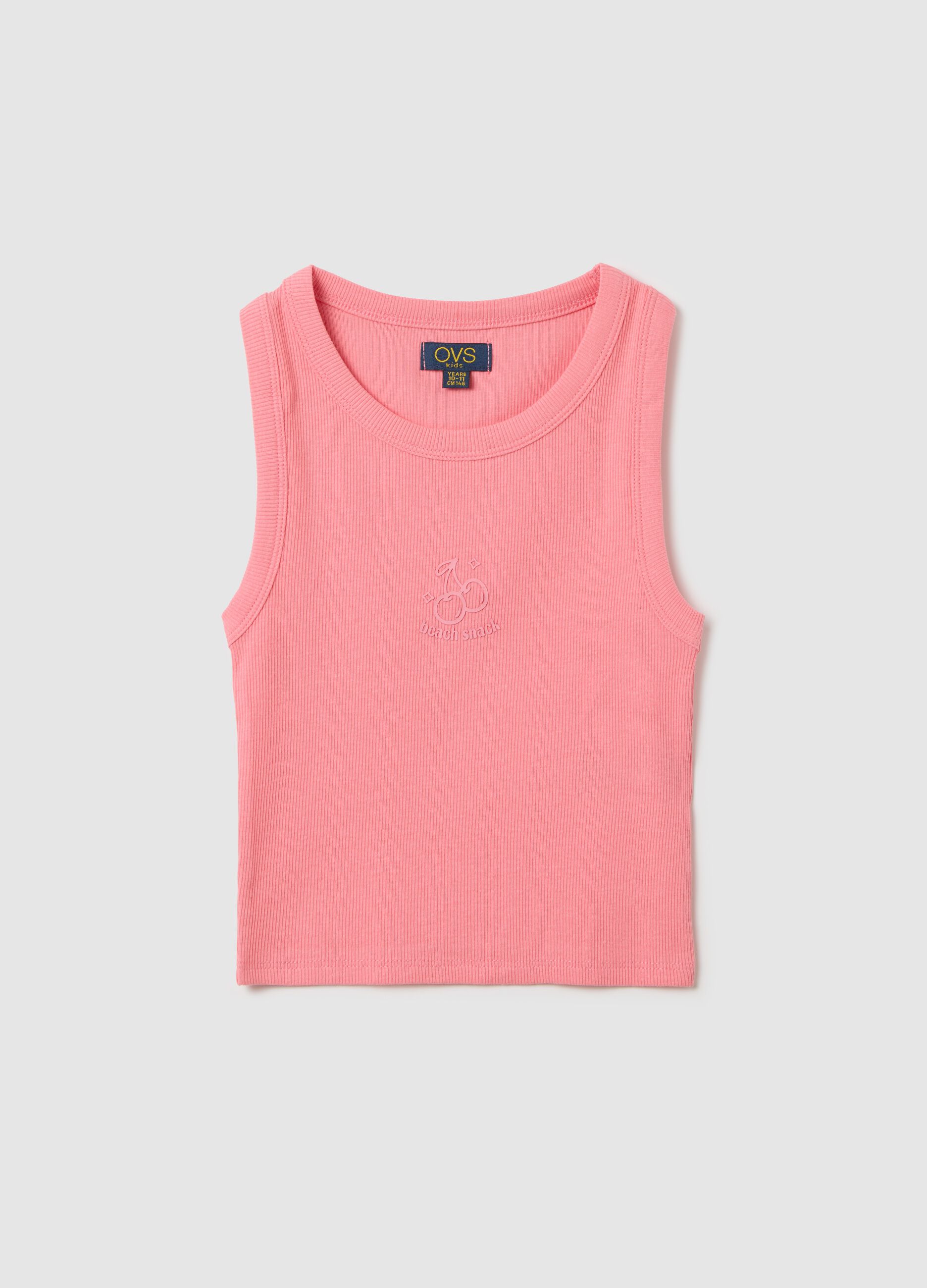 Pink ribbed stretch cotton tank top with print