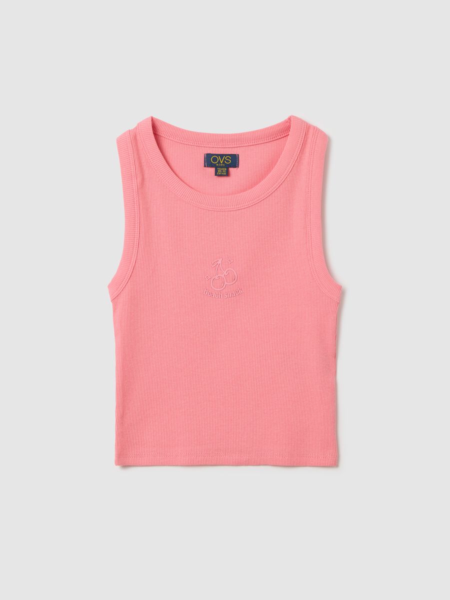 Tank top rosa in cotone stretch a costine con stampa_3