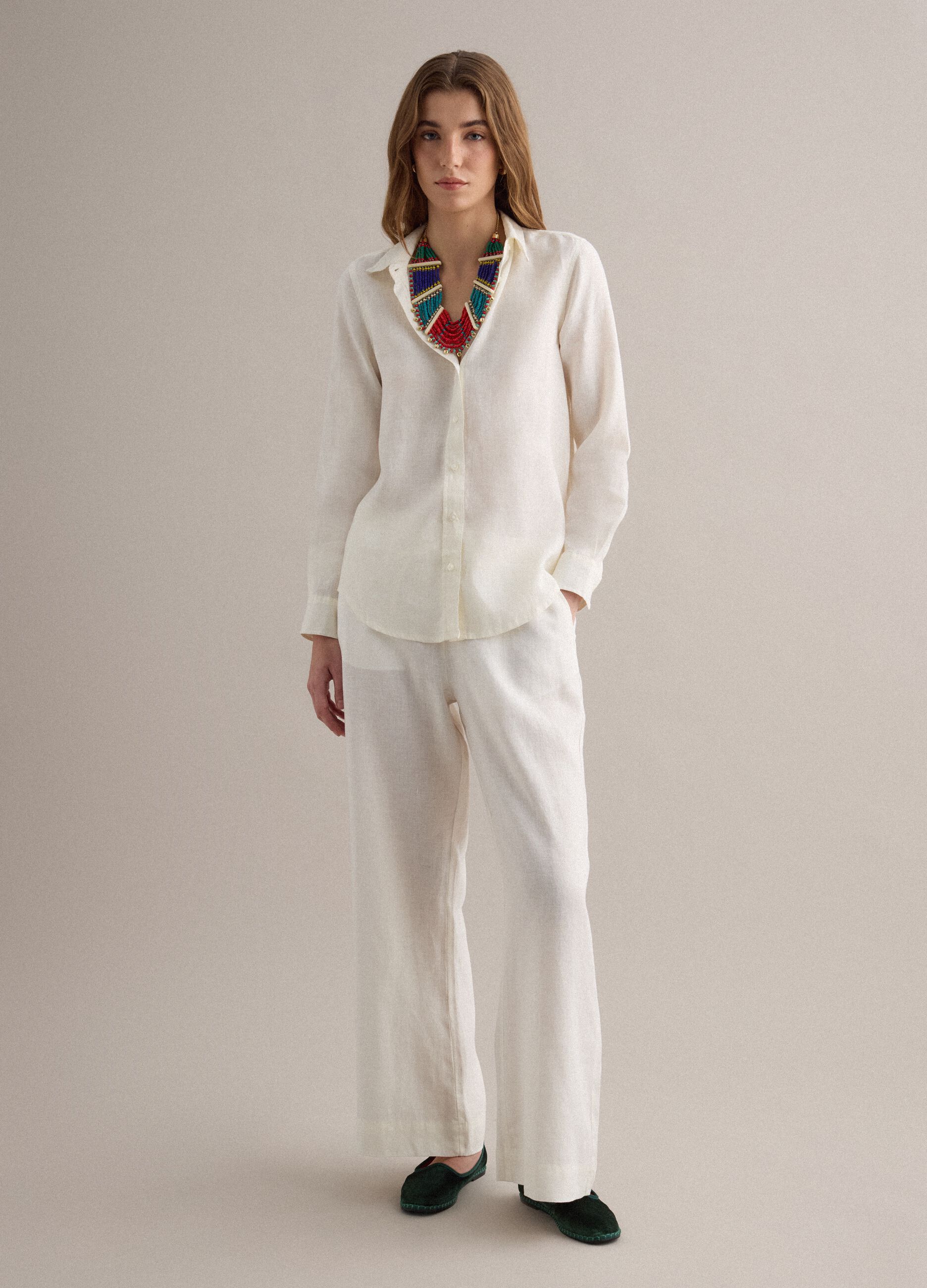 Regular fit pure white linen shirt