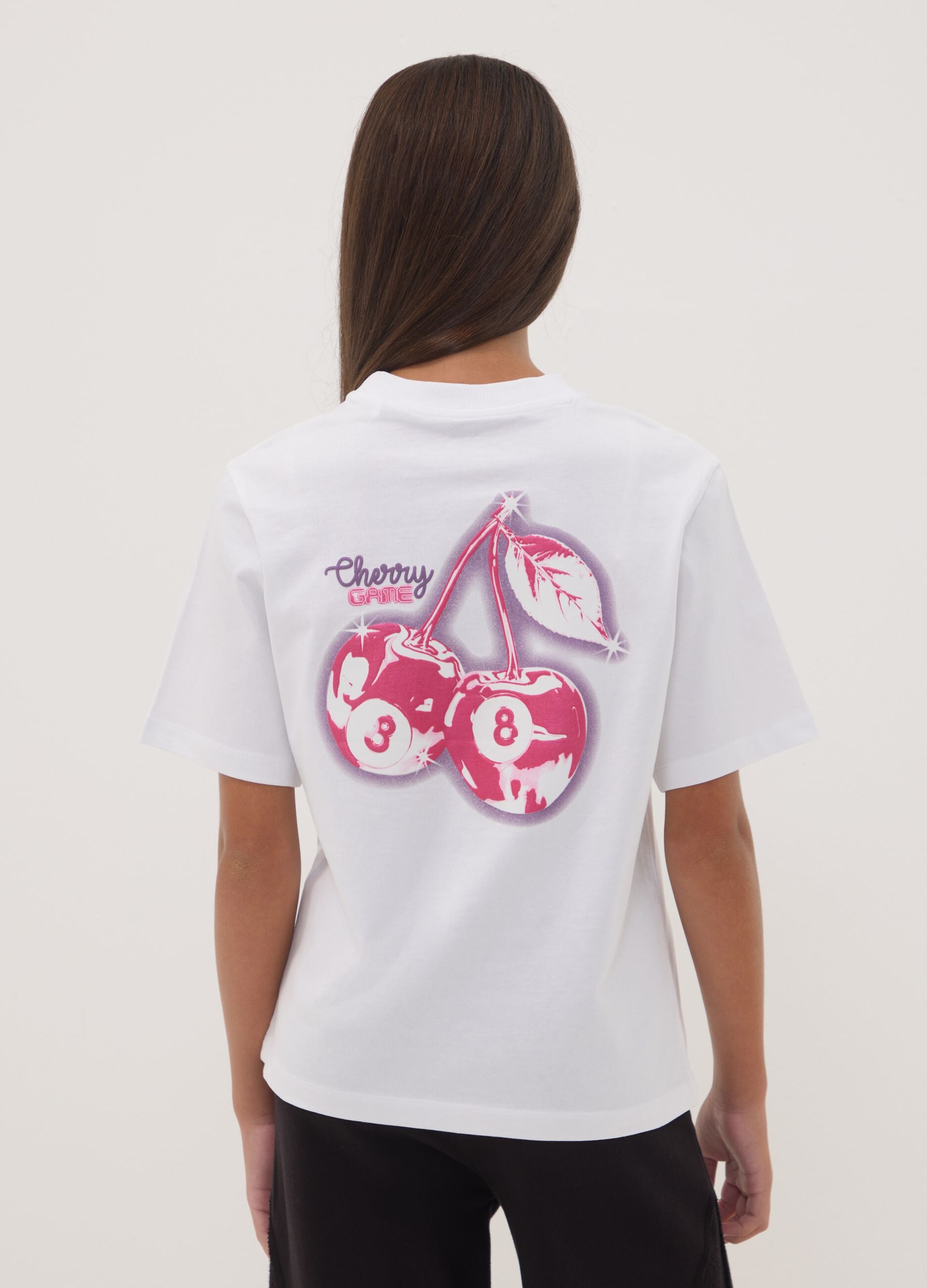 White pure cotton T-shirt with ribbed neckline and cherry print