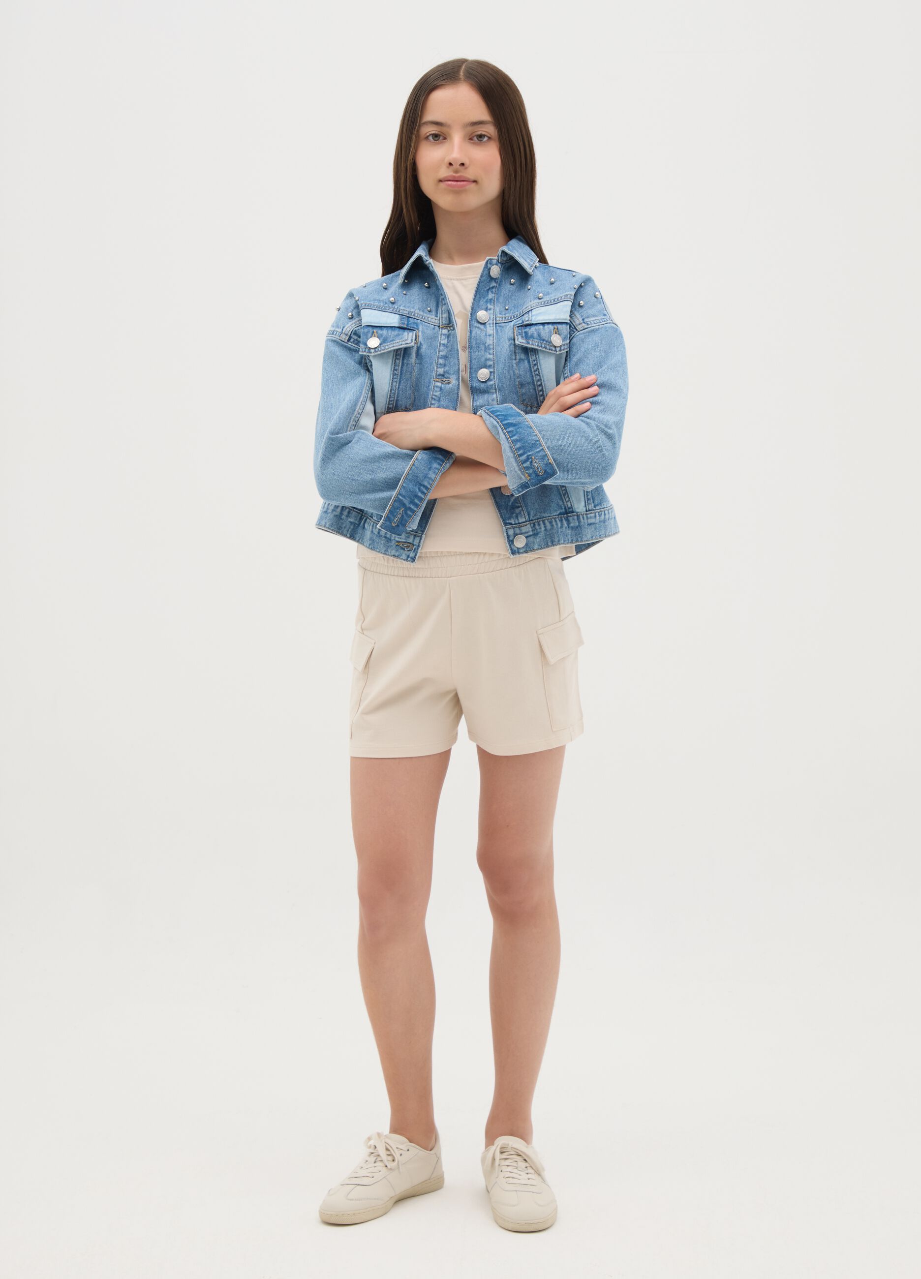 Beige cargo shorts in fleece with elasticated waist