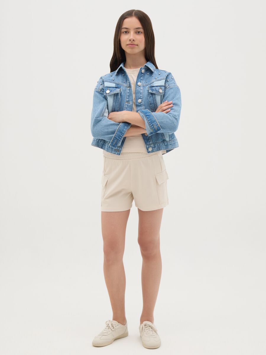 Shorts cargo beige in felpa con vita elasticata_0