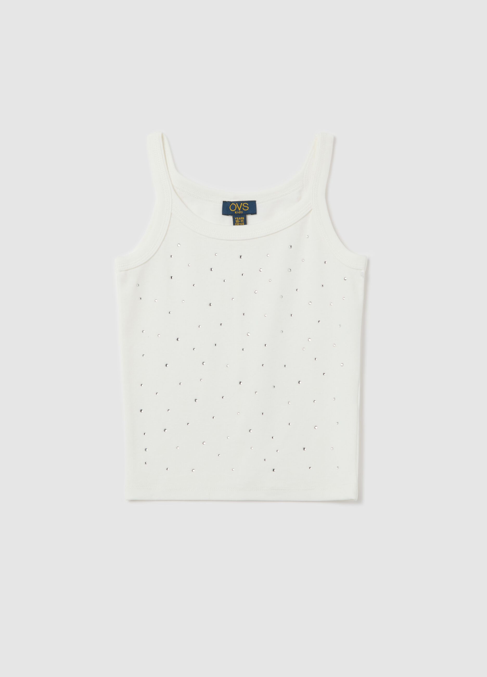 Tank top in cotone stretch con strass bianco
