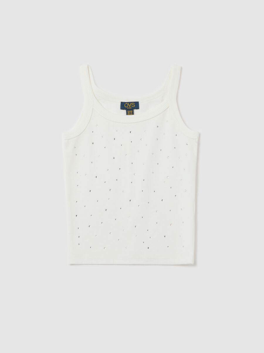 White tank top in stretch cotton with diamantés_3