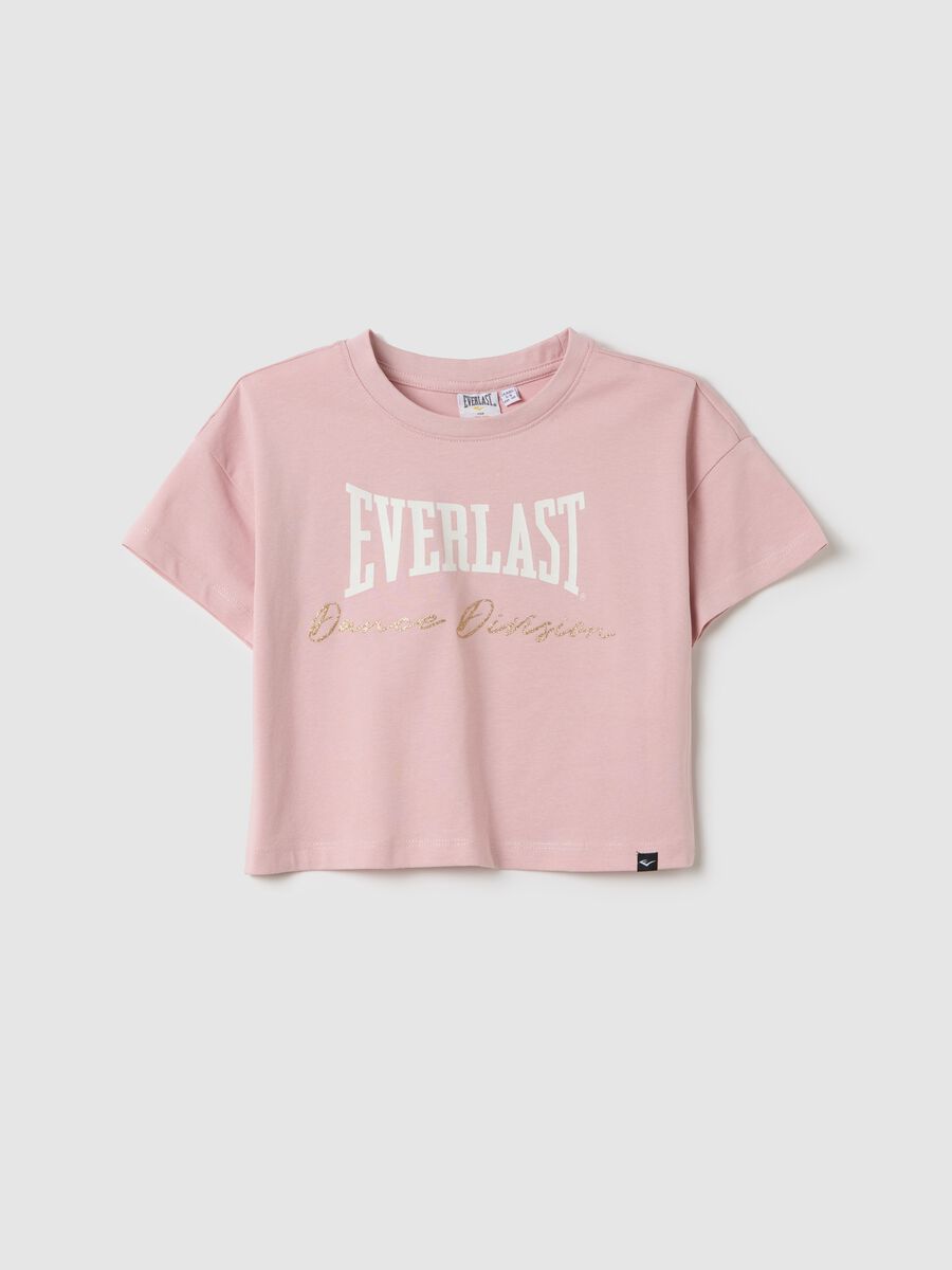 Pink crop T-shirt with logo print and glitter details_0