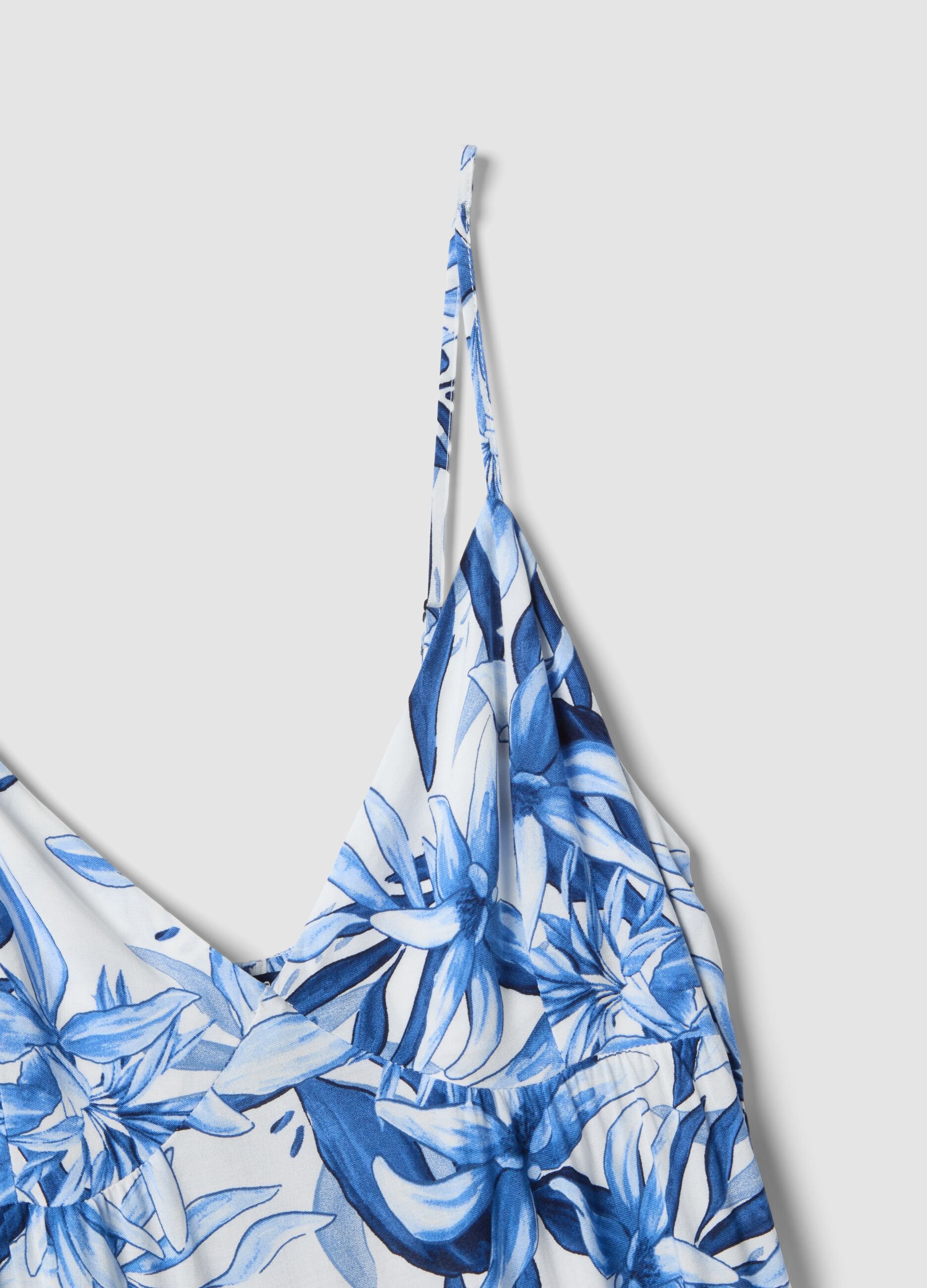 Blue and white pure viscose maxi dress with floral print