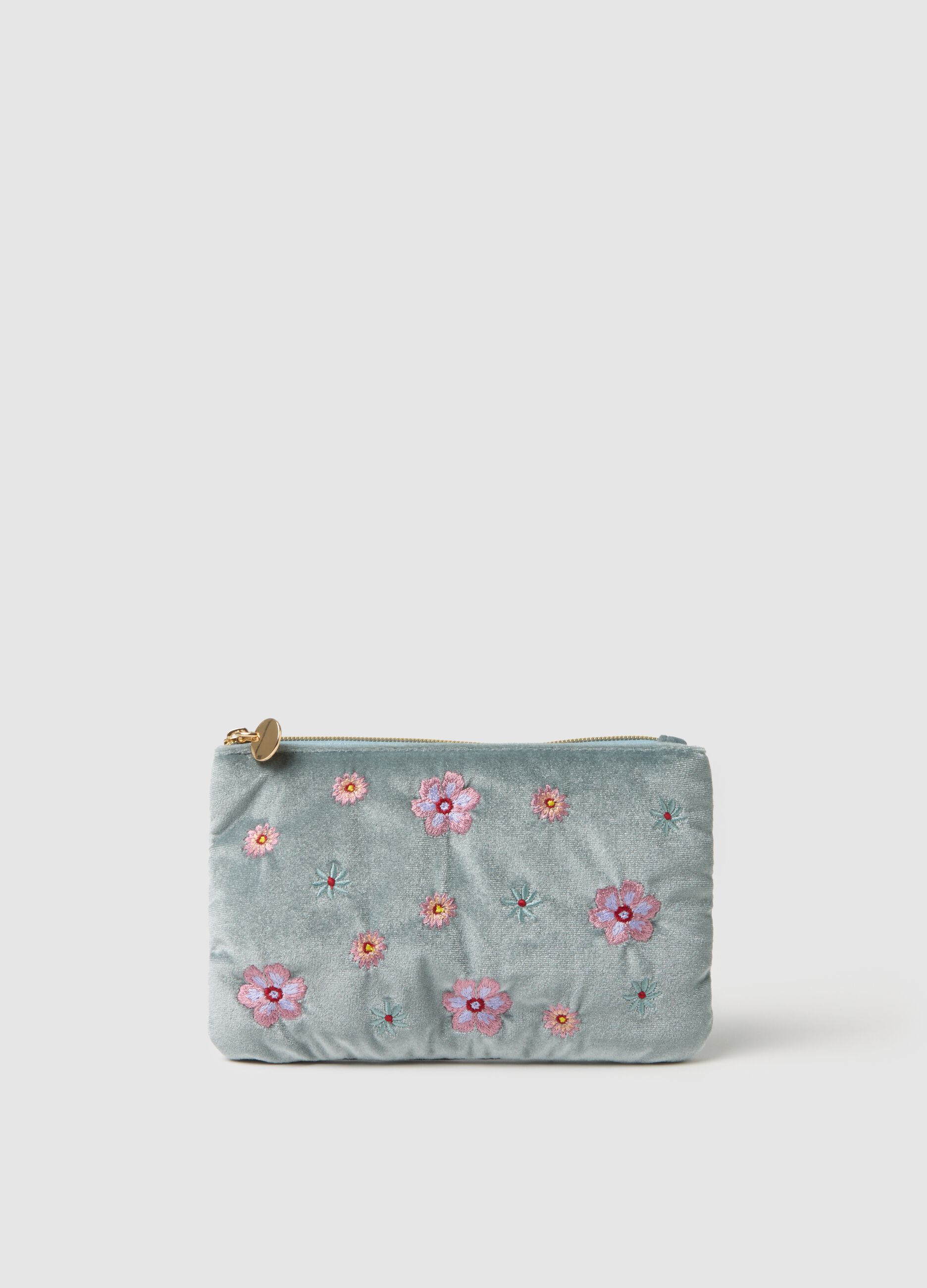 Multicolour clutch with floral embroidery and zip