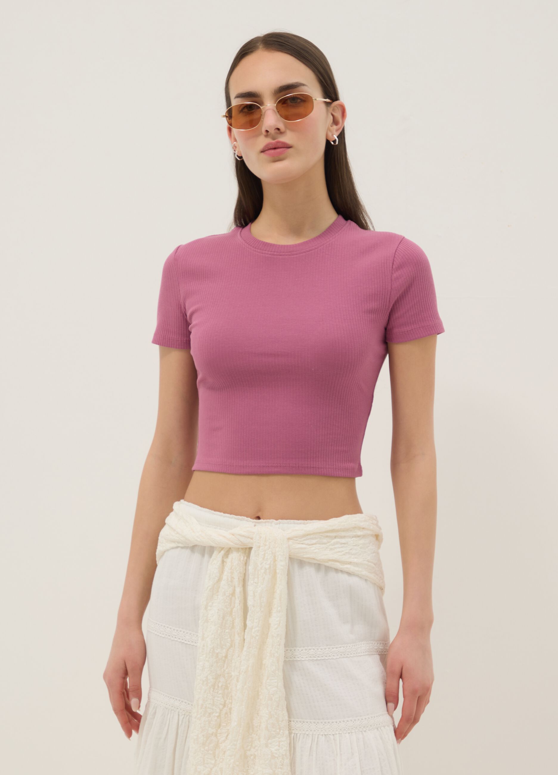 Pink ribbed fitted stretch cotton T-shirt