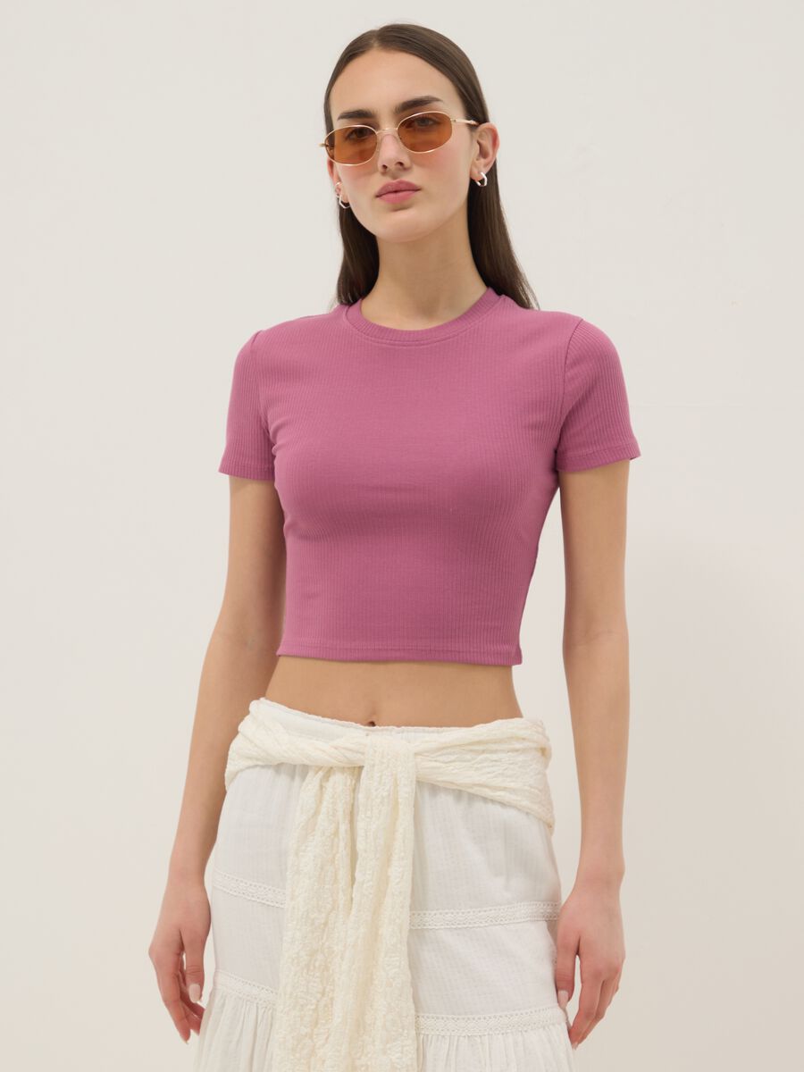 Pink ribbed fitted stretch cotton T-shirt_0