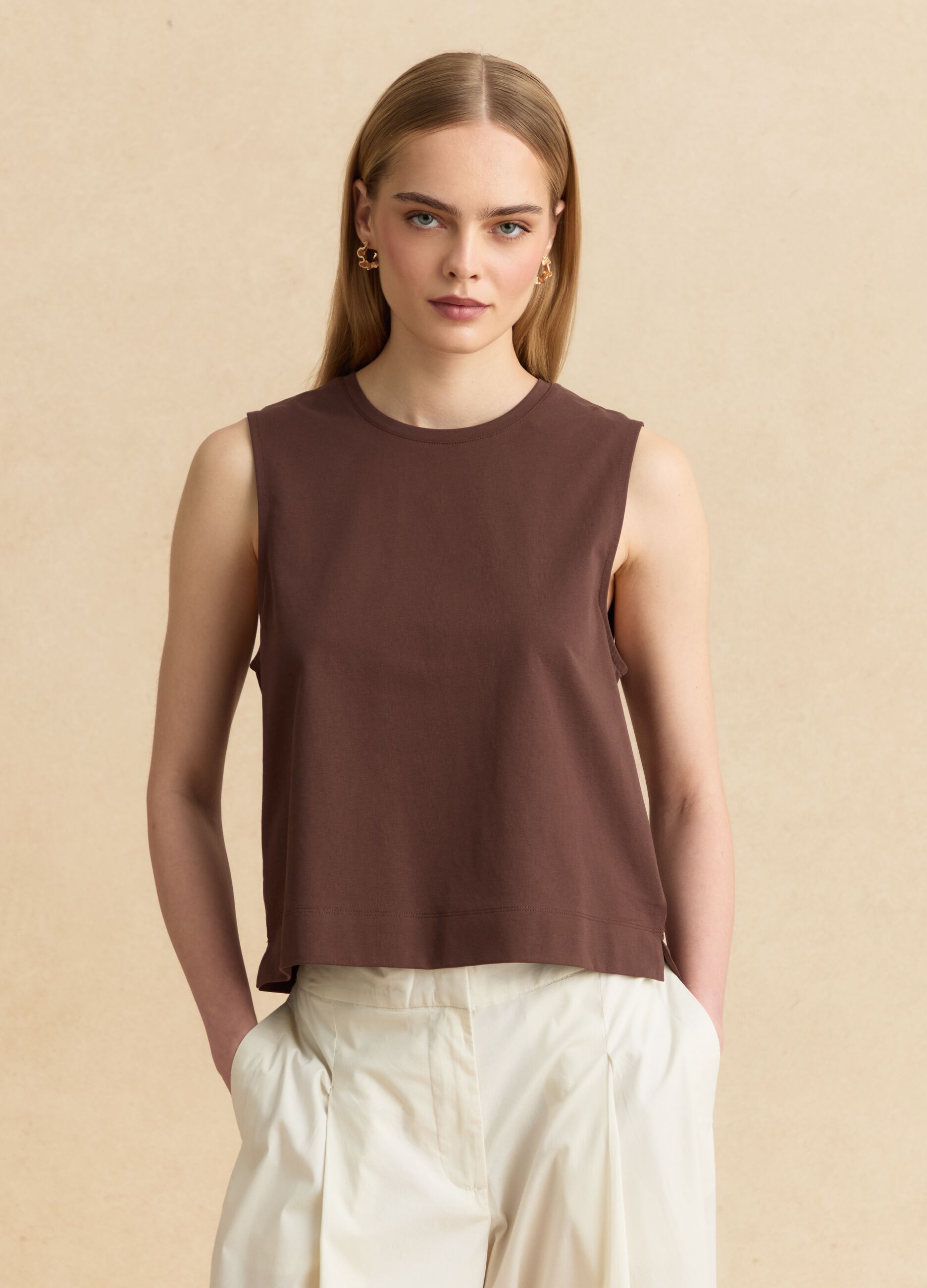 Brown cotton-blend tank top