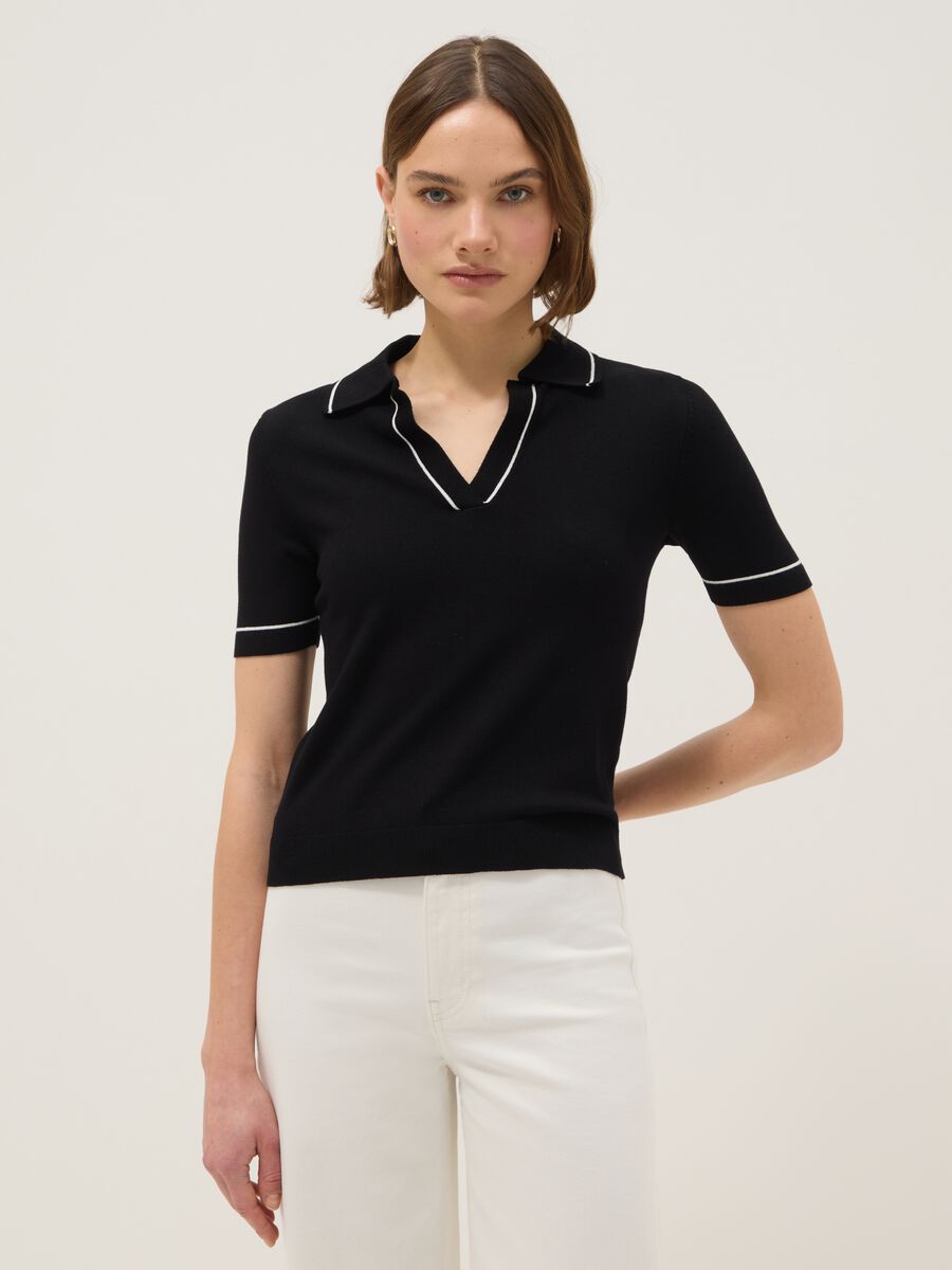 Black viscose blend slim fit polo with contrast stitching_0