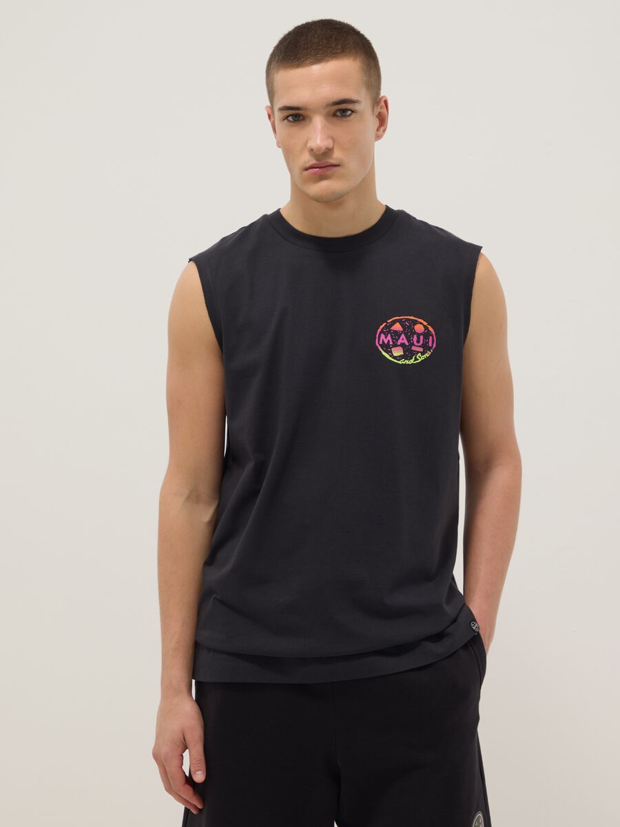 Canotta nera in puro cotone regular fit con stampa_0