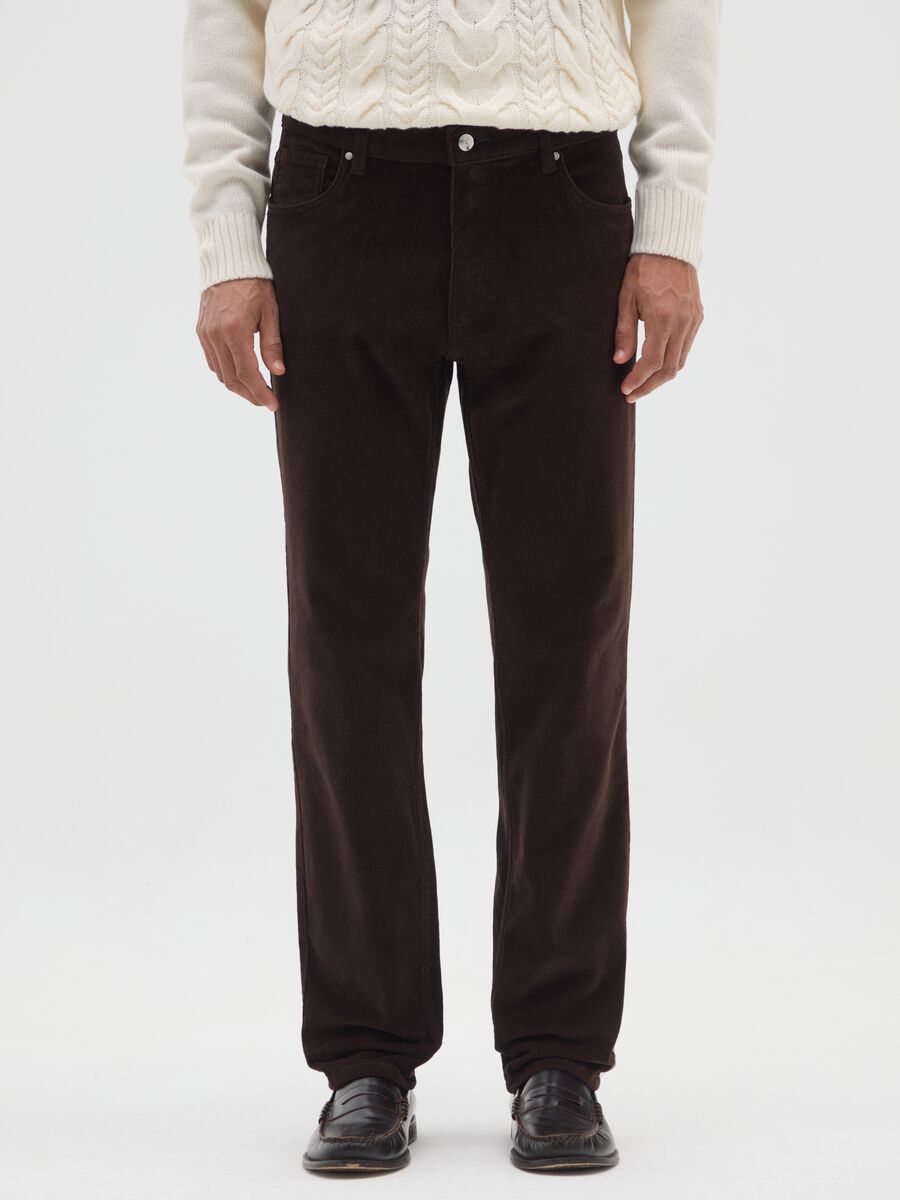 Brown slim fit ribbed stretch cotton trousers_1