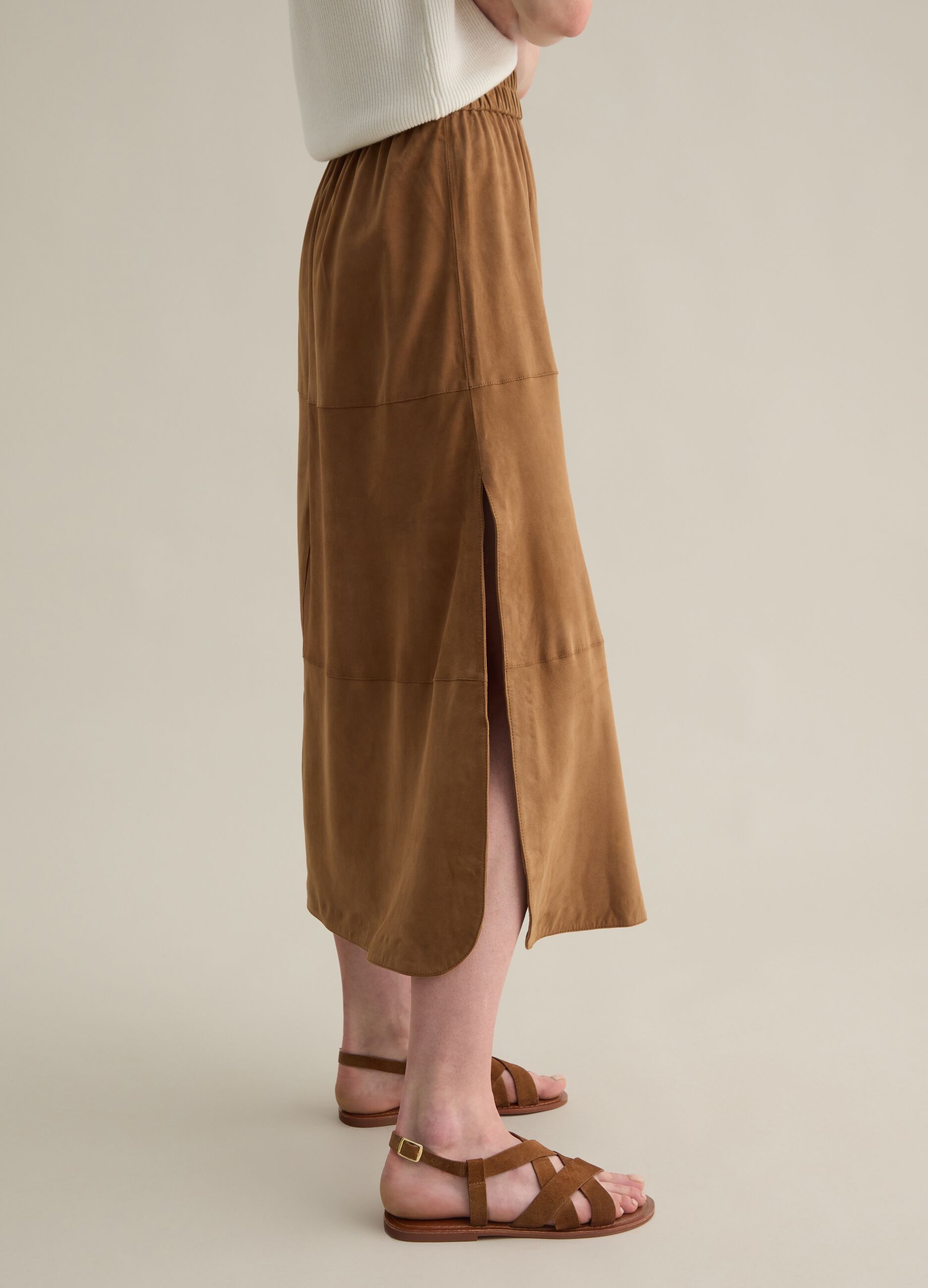 Brown Midi Skirt in Real Leather