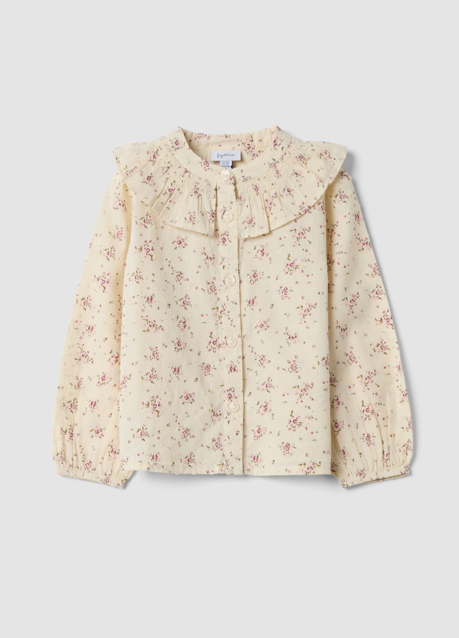 Camicia crema in puro cotone con stampa floreale rosa chiaro e verde oliva