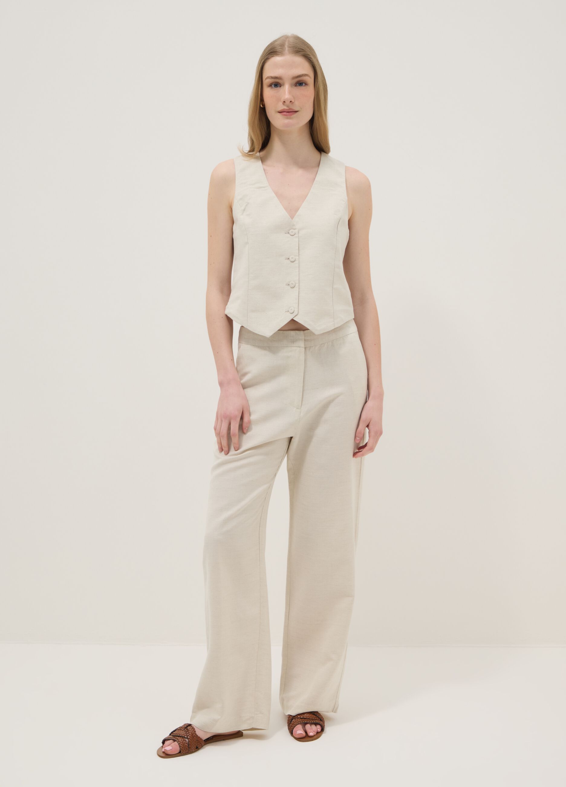 Beige linen-blend slim-fit waistcoat with buttons