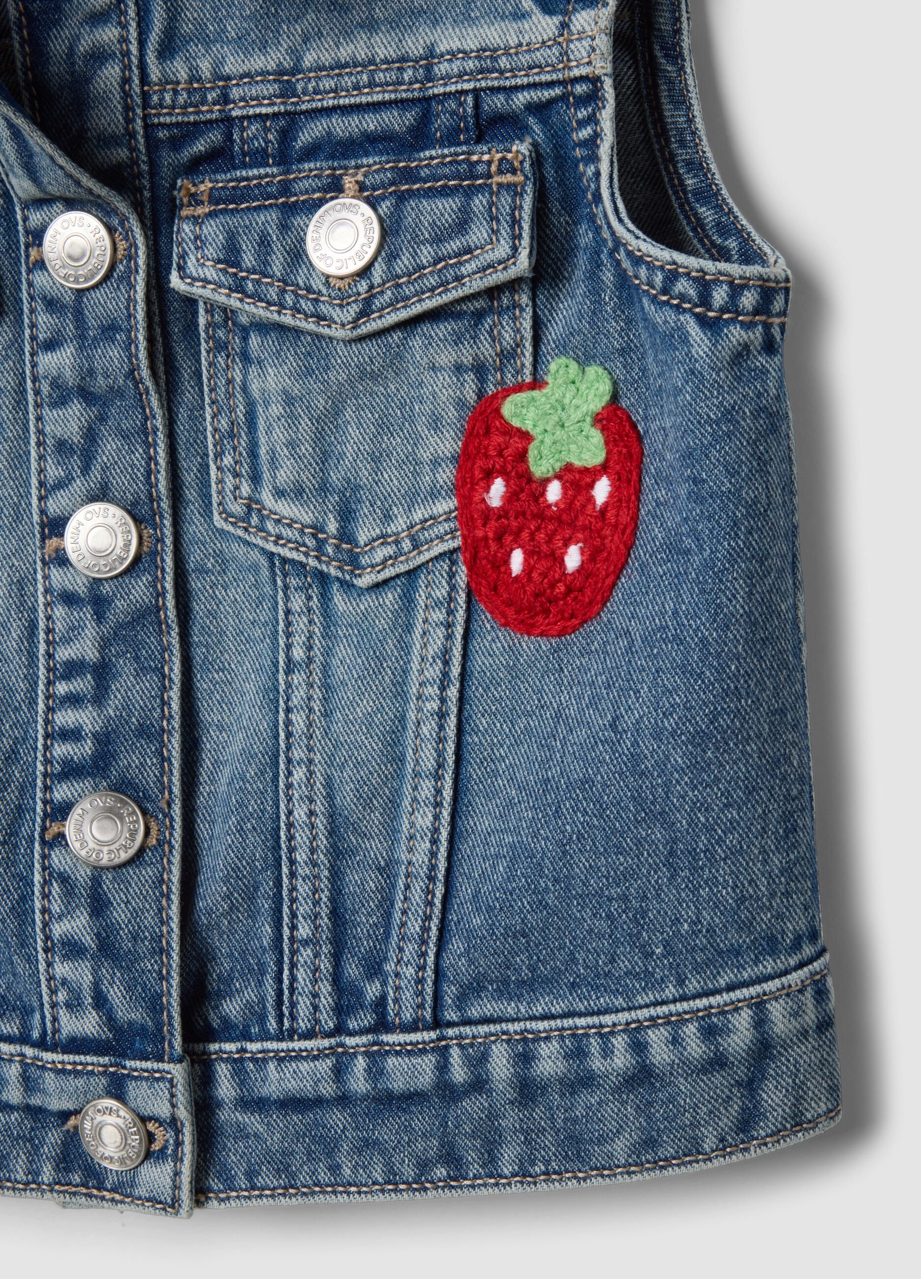 Giacca senza maniche denim blu in puro cotone da bambina con frutta