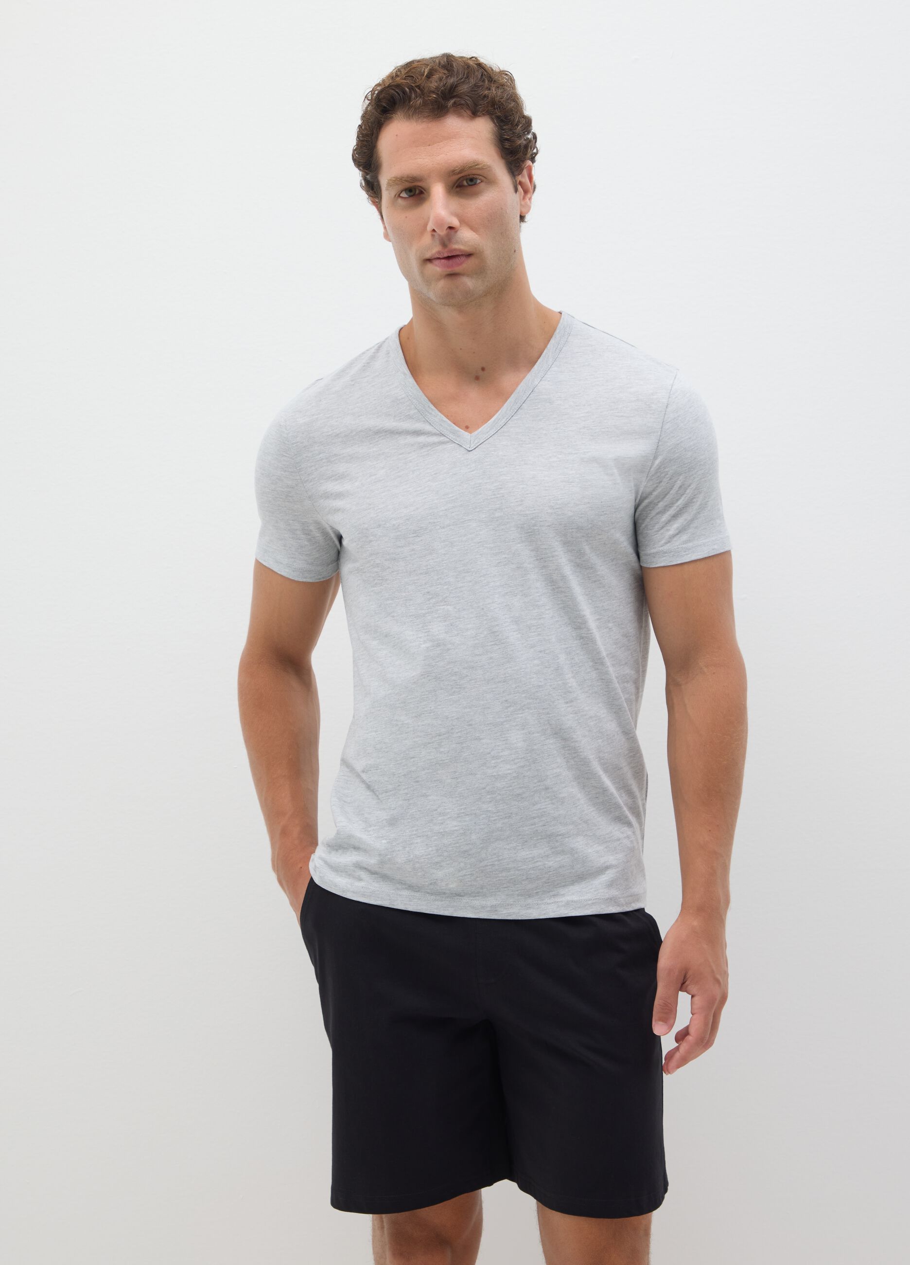 Men's grey V-neck cotton t-shirt twin pack, regular fit