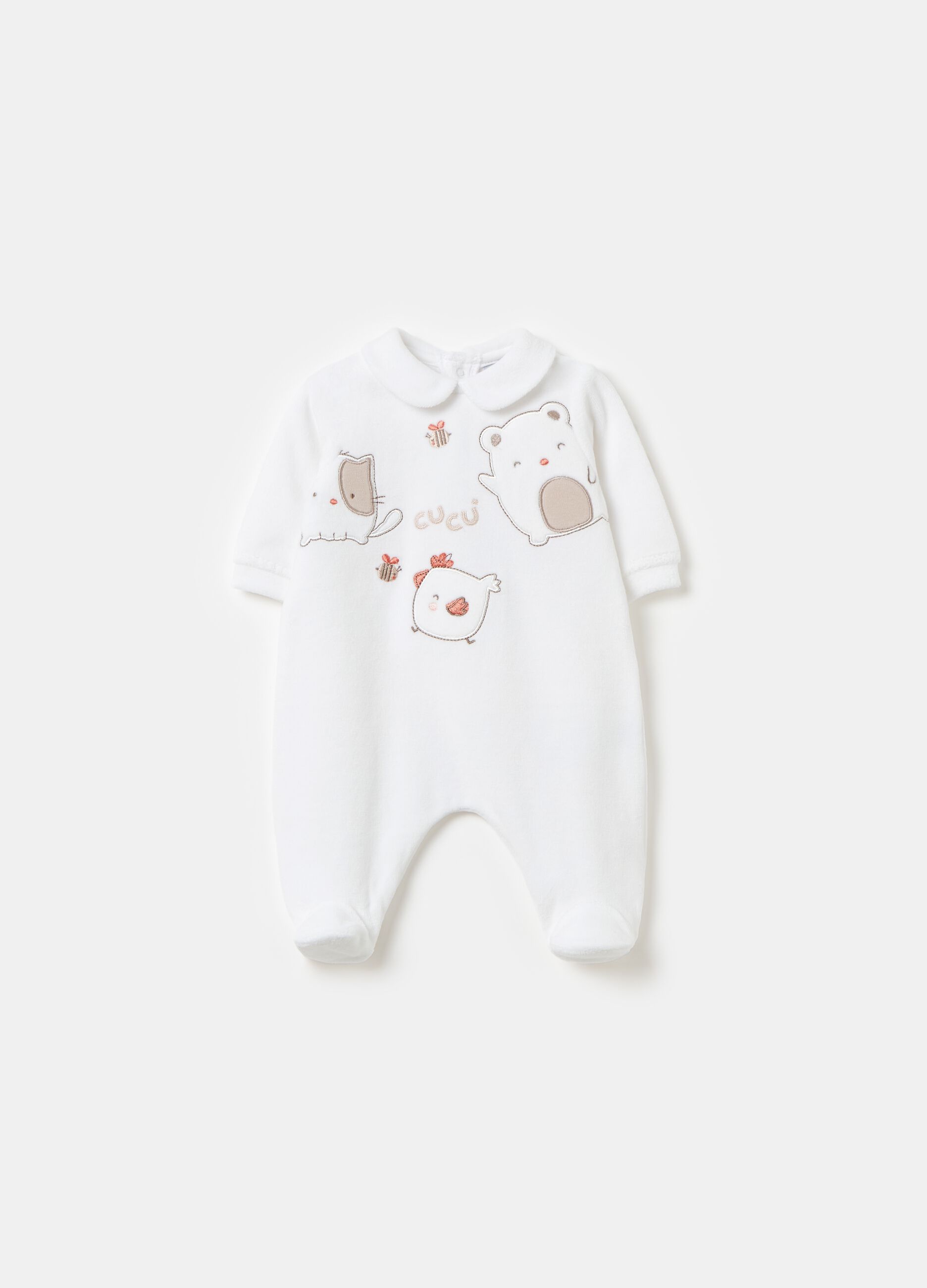 Velour onesie with animal print embroidery