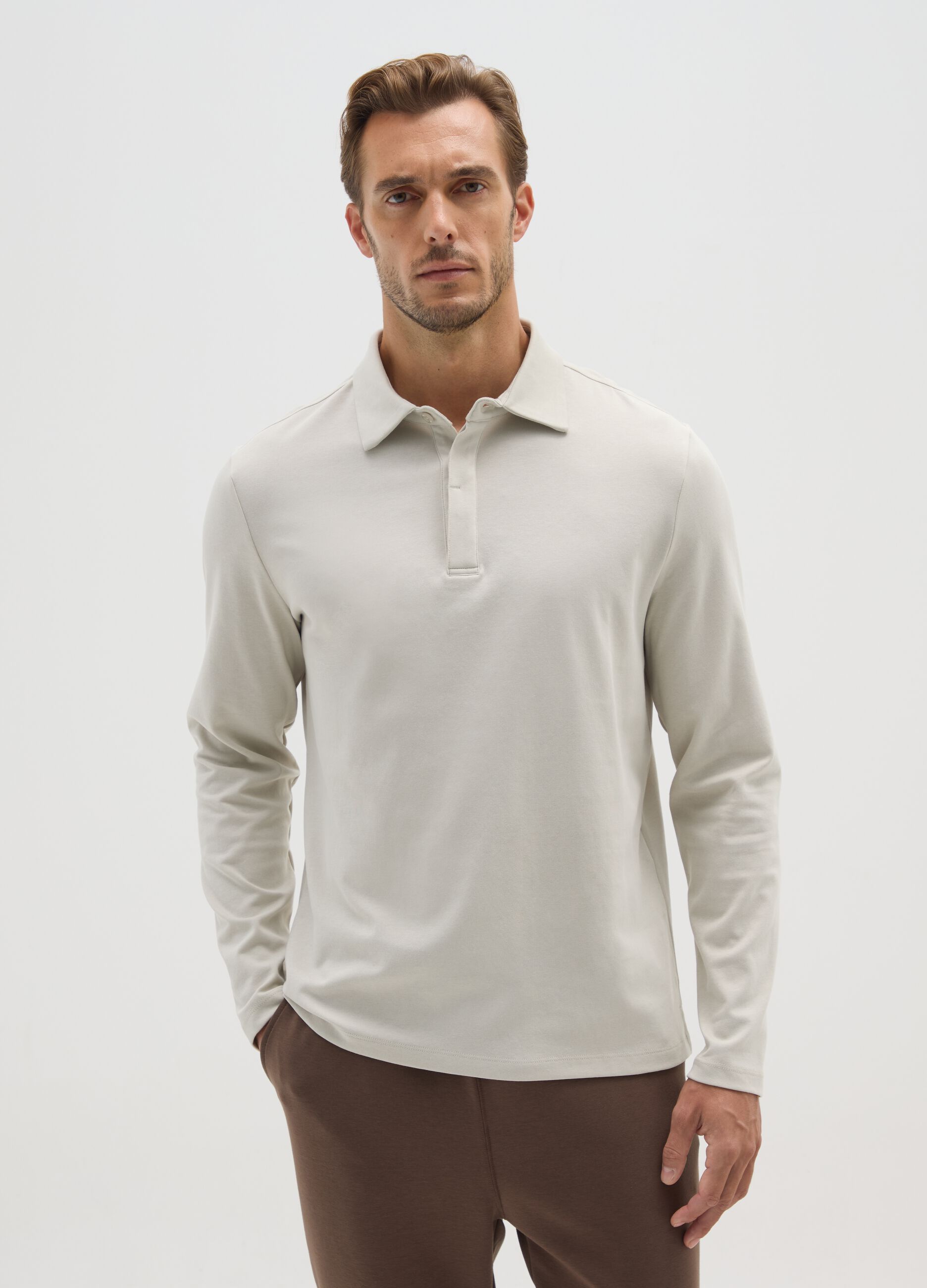 Beige long-sleeve polo