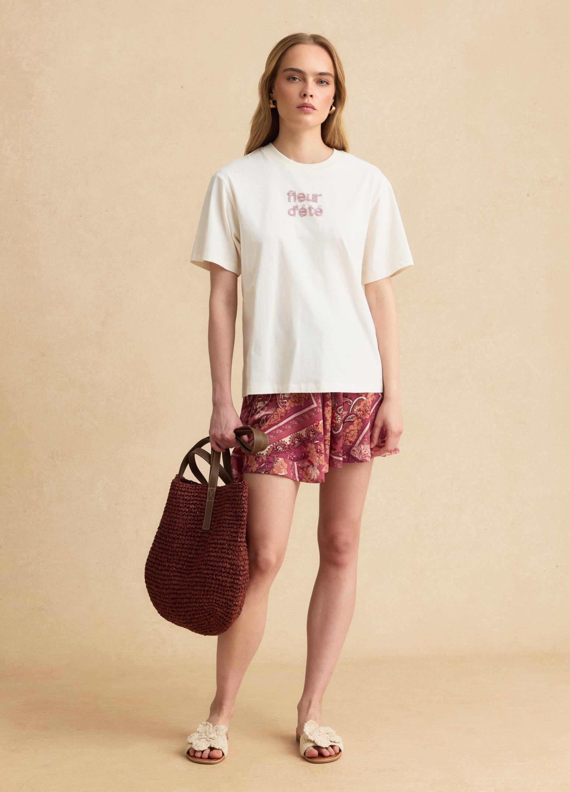 Beige pure cotton short-sleeve T-shirt