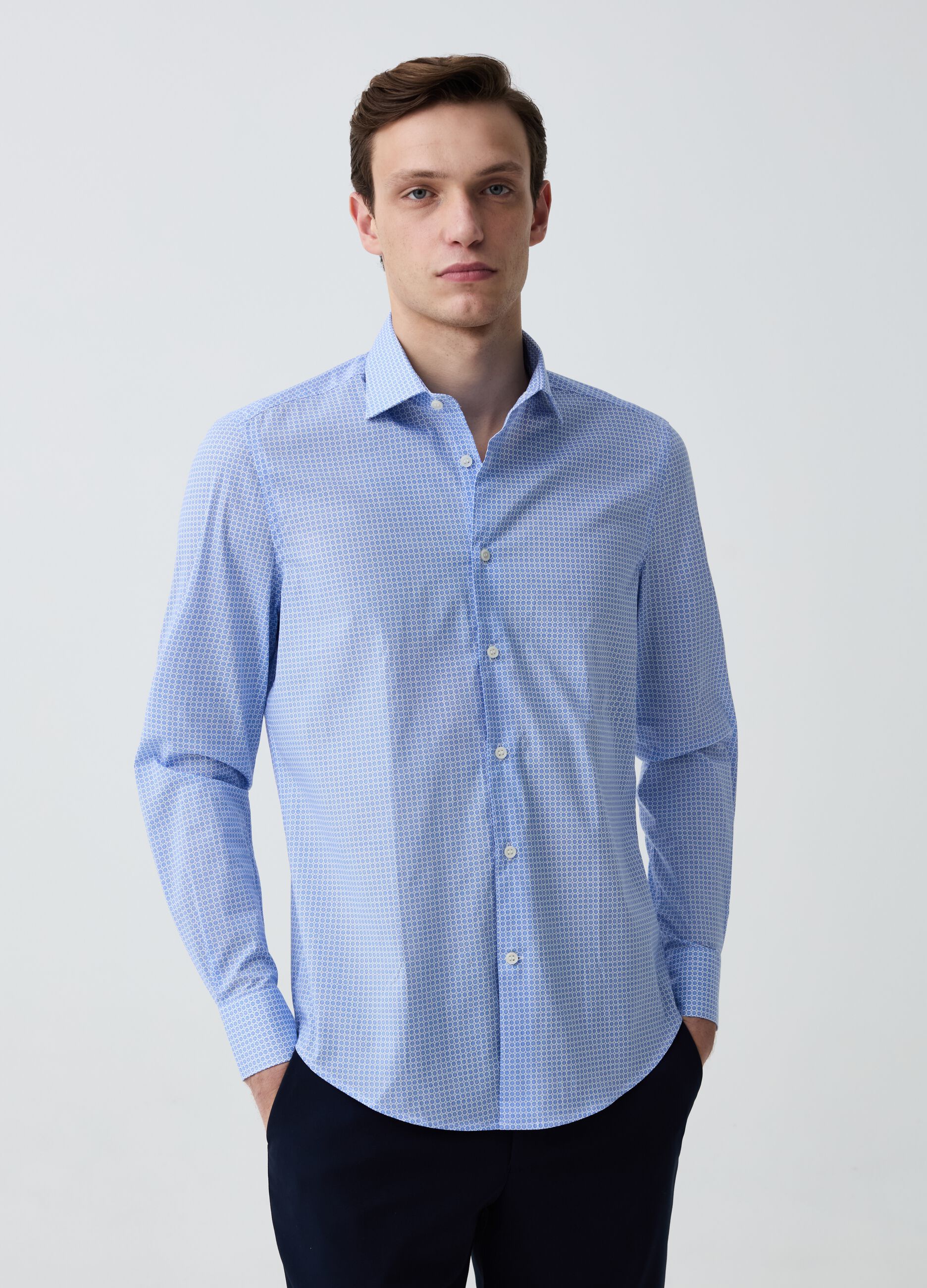 Camicia slim fit in cotone stretch micro fantasia