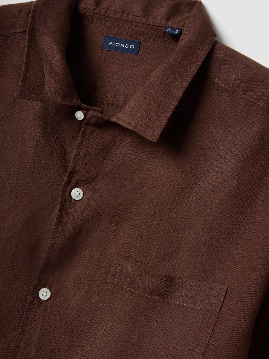 Camicia a maniche corte in puro lino marrone regular fit_2
