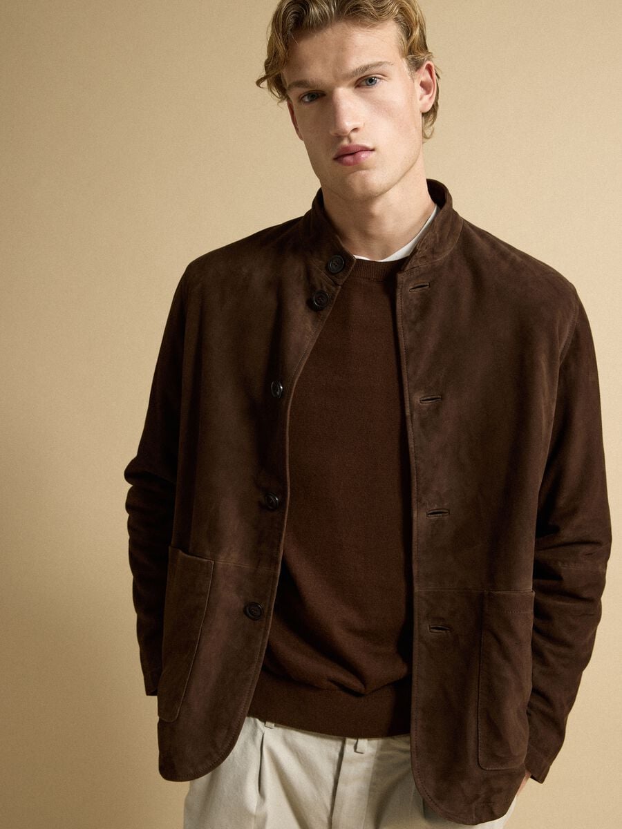 Brown padded genuine leather shacket with high collar, regular fit_0