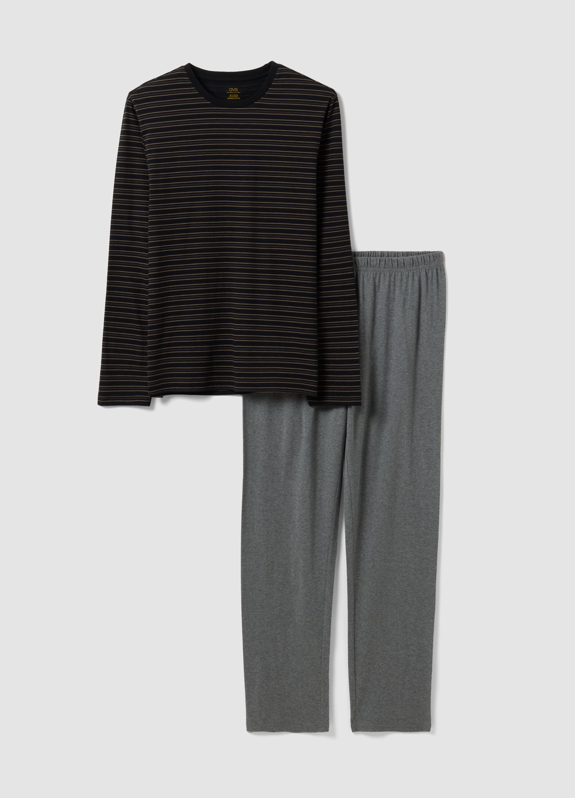 Black and grey striped crew-neck pyjamas in pure organic cotton