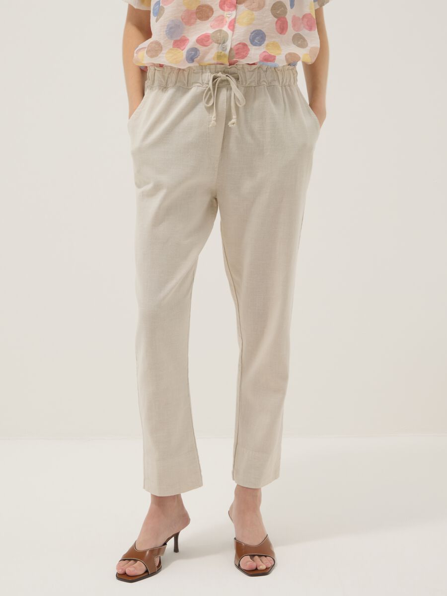 Pantaloni beige in misto lino e cotone_1