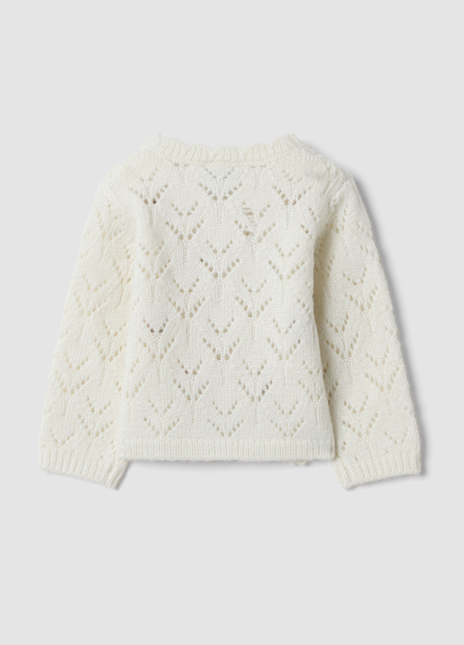 Cardigan bianco in maglia traforata con girocollo