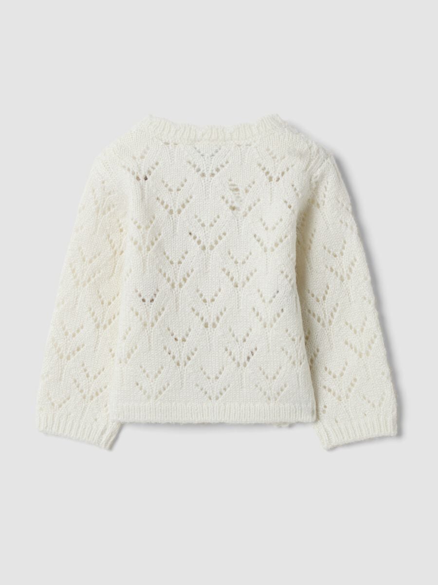 Cardigan bianco in maglia traforata con girocollo_1