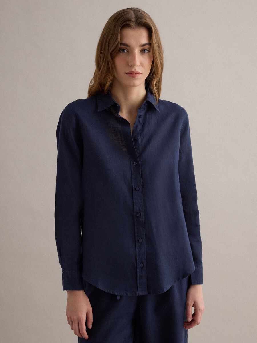 Camicia in puro lino blu regular fit_1