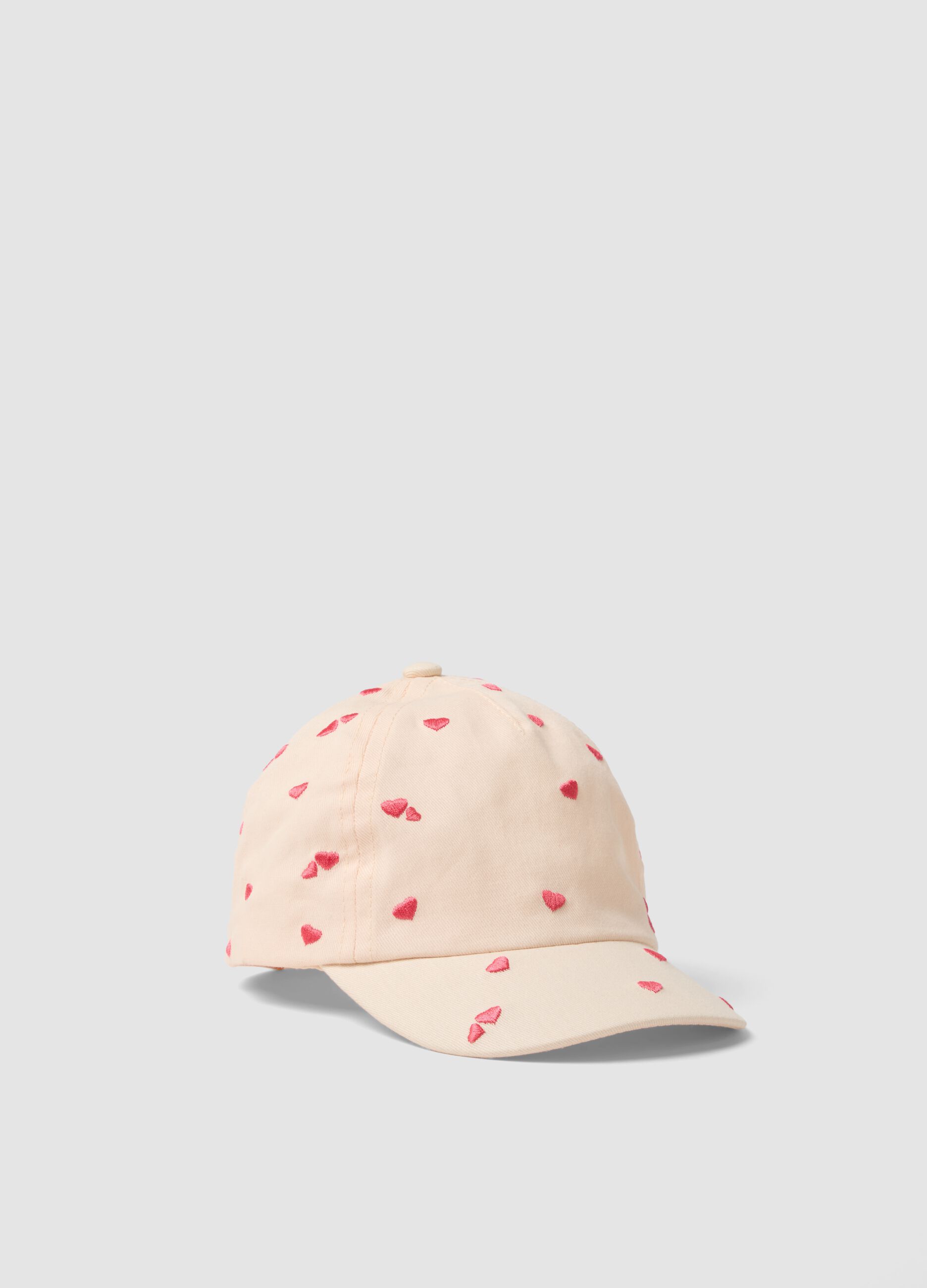 Girls' beige pure cotton hat with pink hearts
