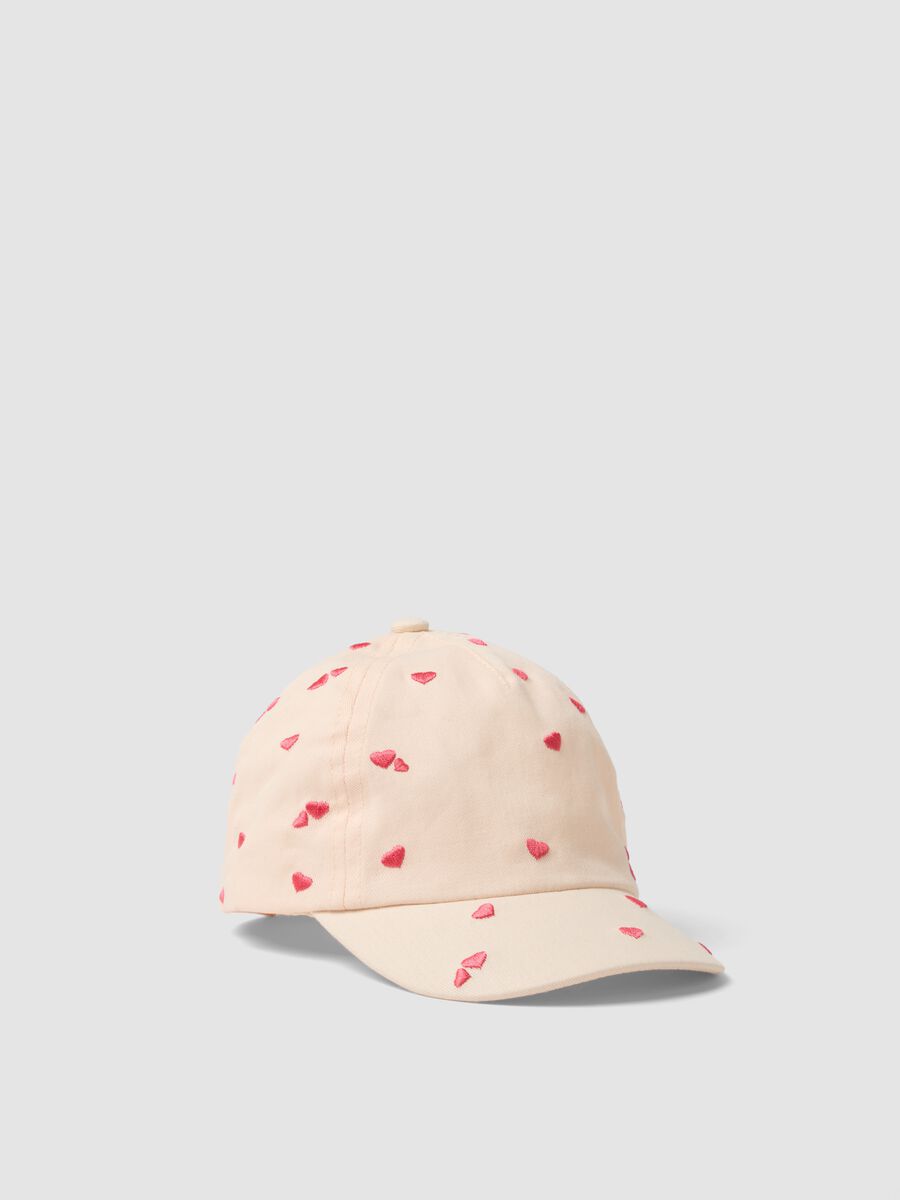 Girls' beige pure cotton hat with pink hearts_0