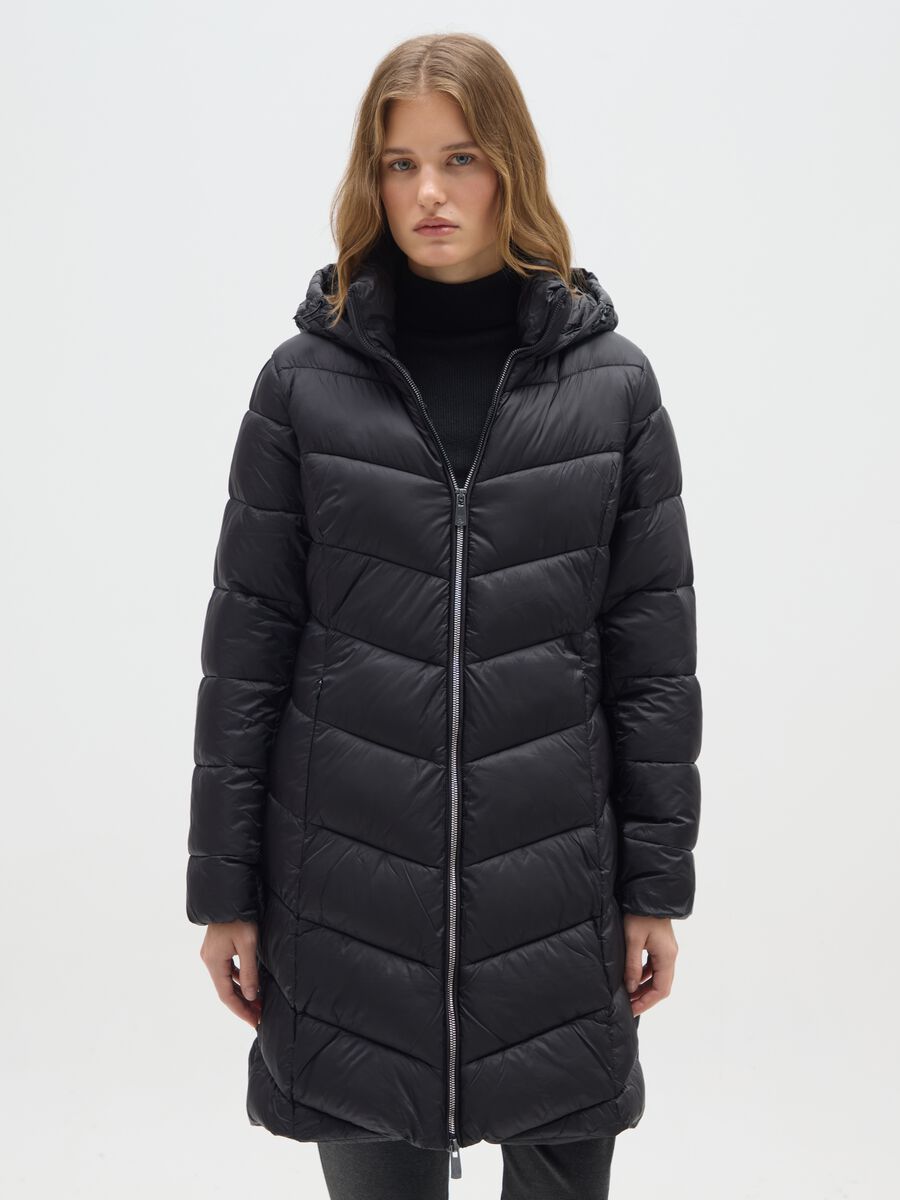Black padded jacket with hood in technical fabric_0