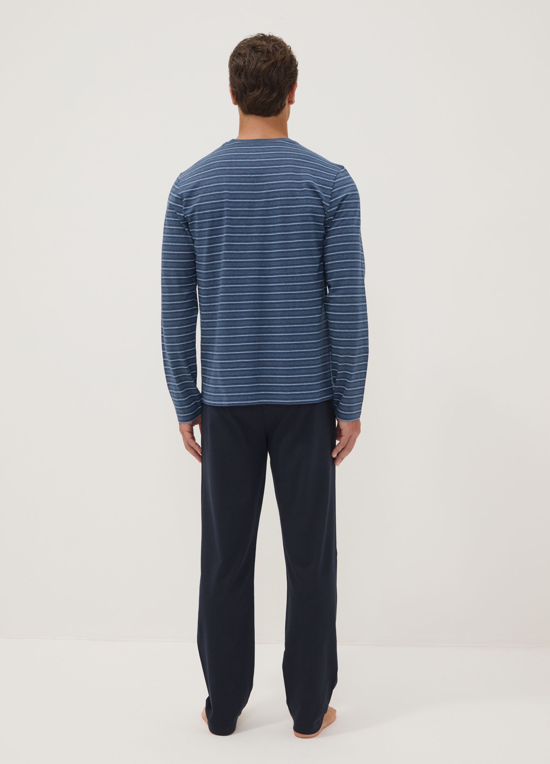 Blue and black striped organic cotton crew-neck pyjamas