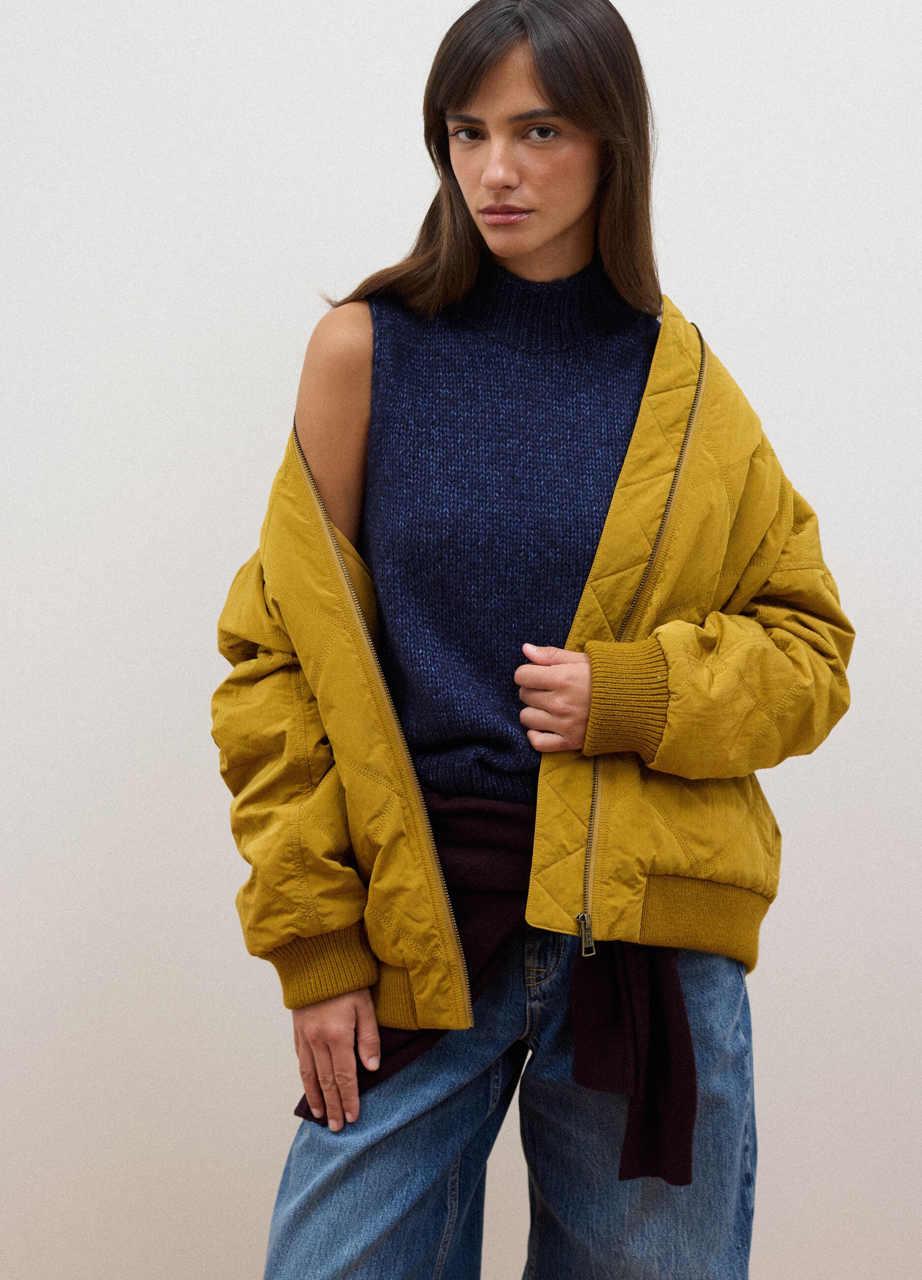 Yellow quilted zip-up bomber jacket, regular fit
