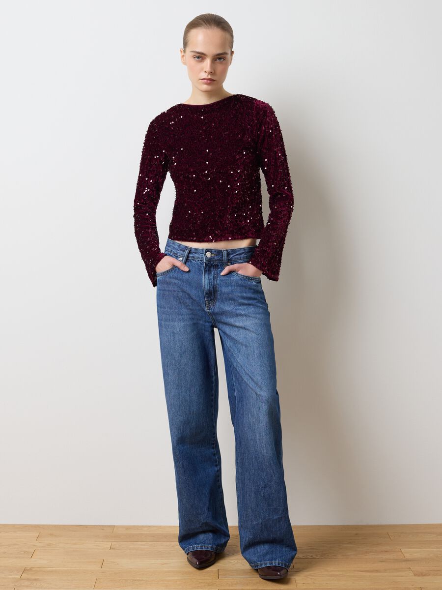Regular fit red velour blend top with sequins_2
