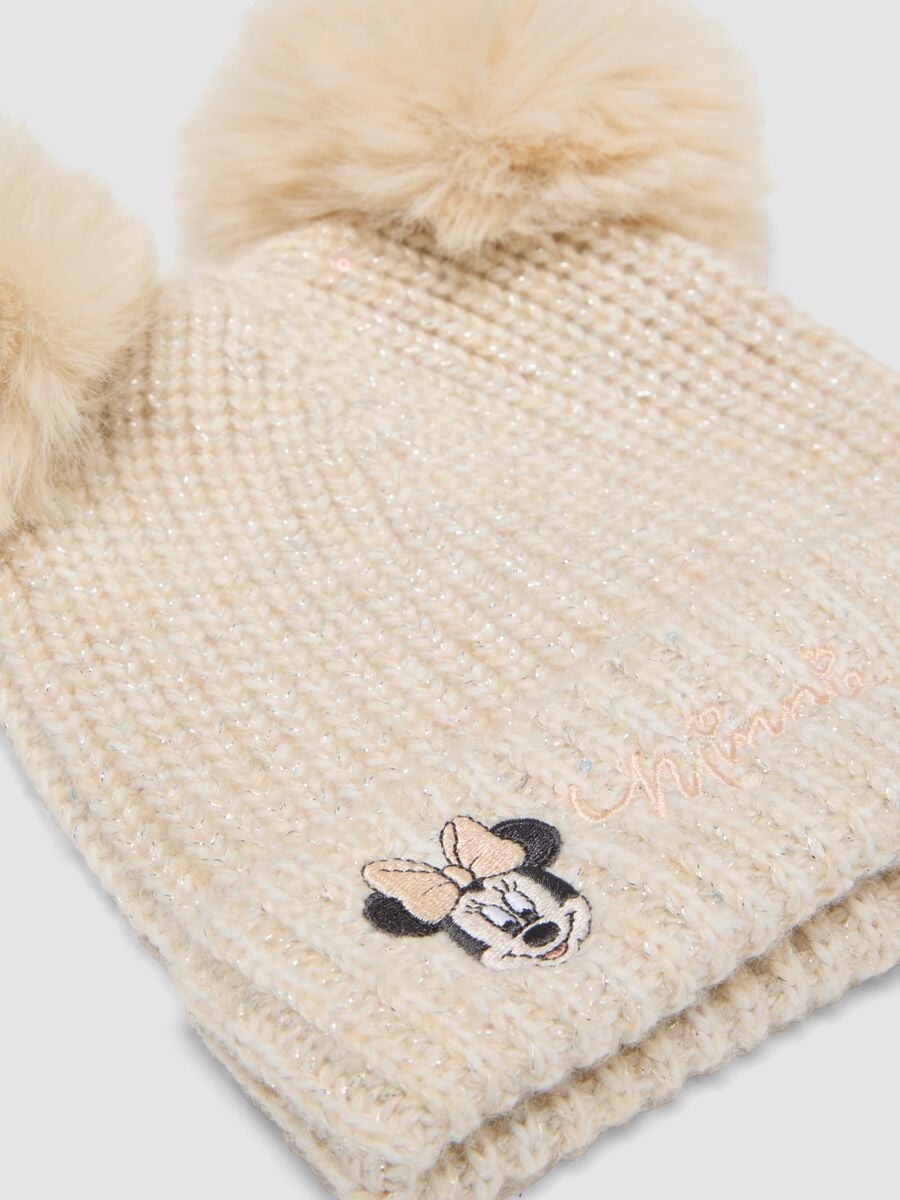 Cappello bianco in misto lana con due pompon e ricamo Minnie_2