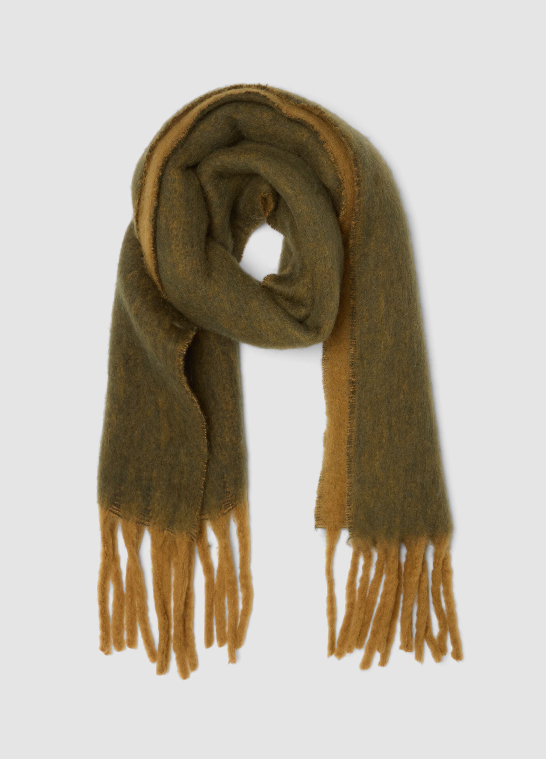 Green fringed wool-blend scarf