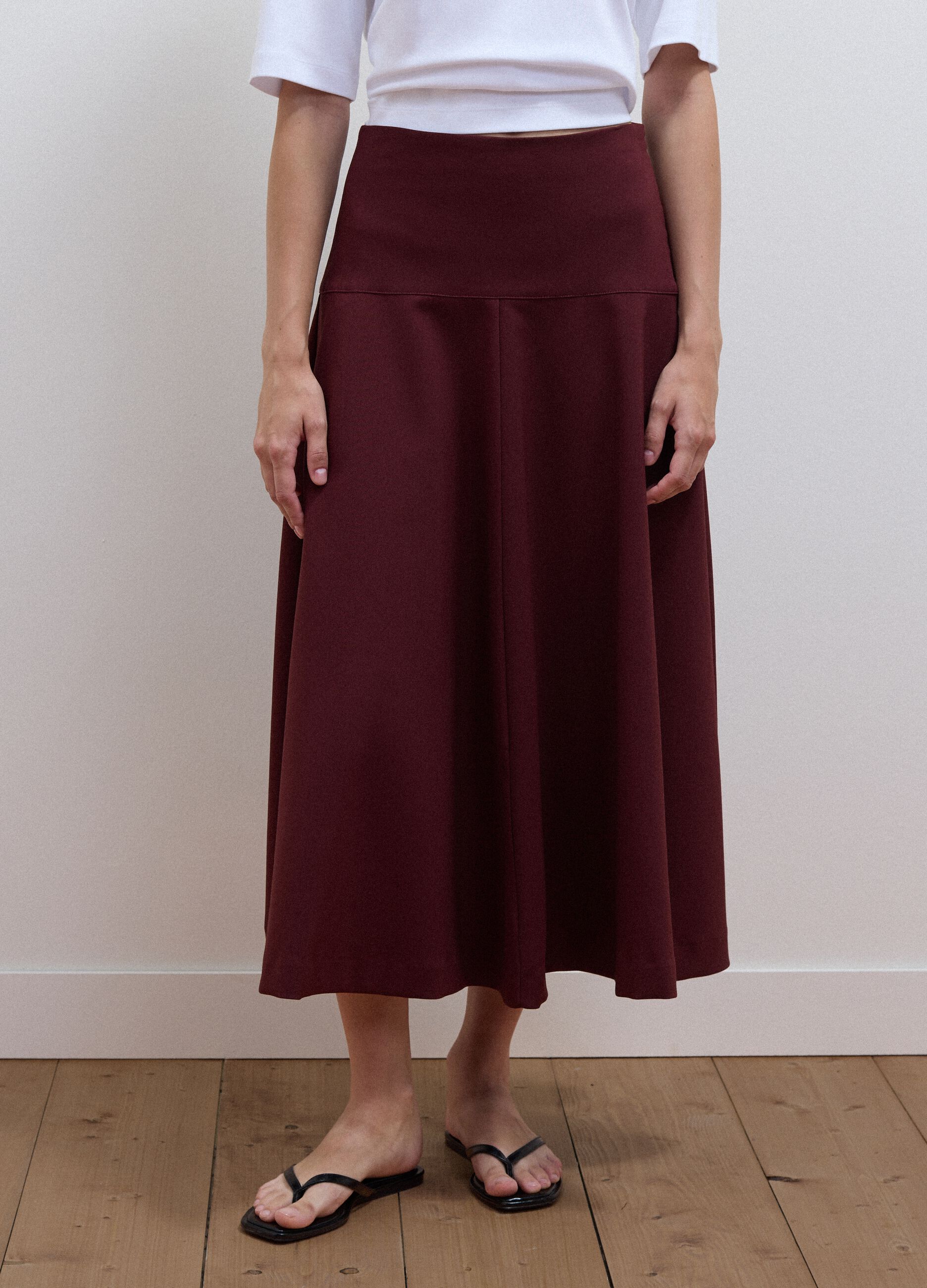 Purple stretch viscose skirt with high waistband and regular waist