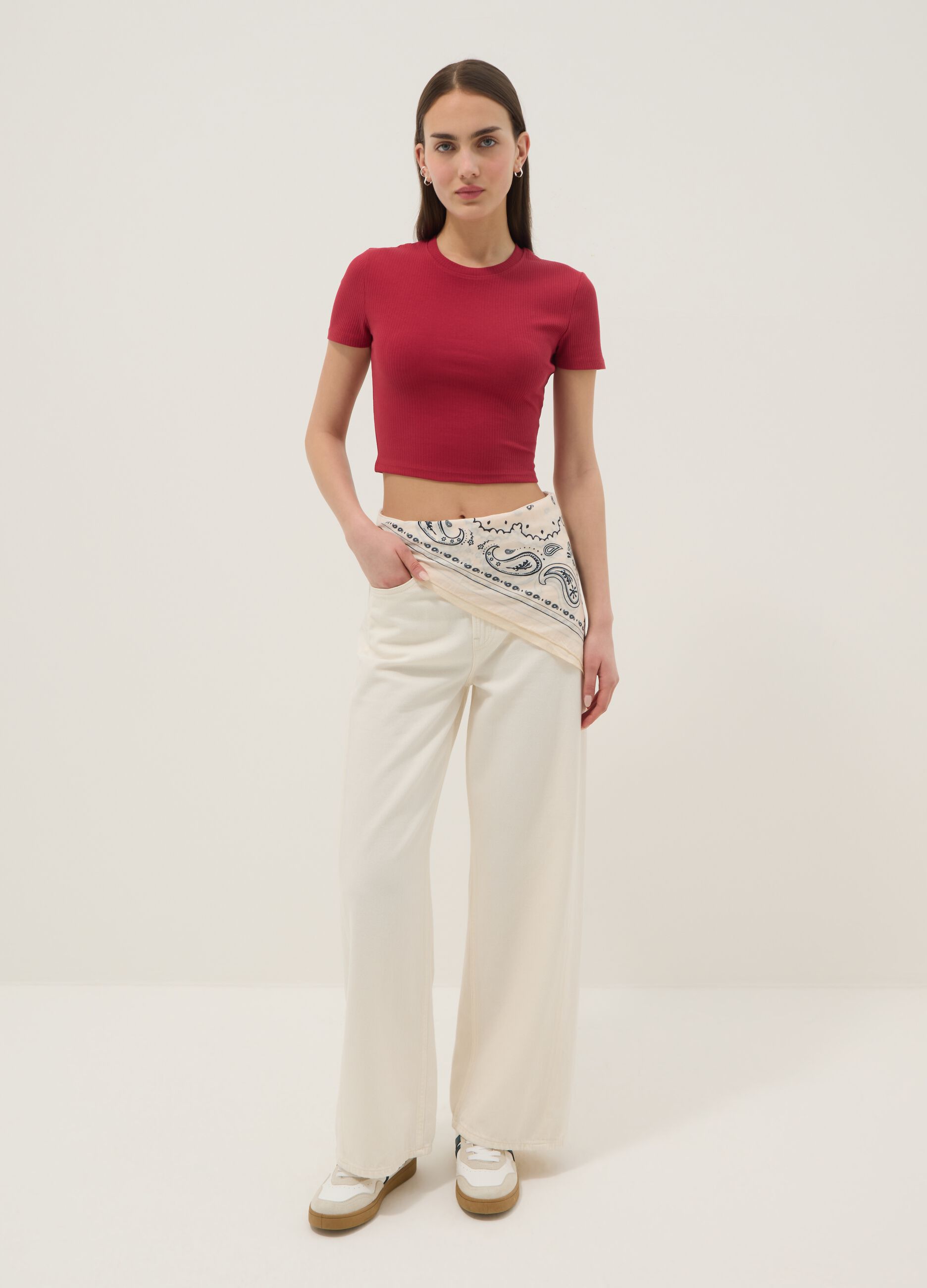 Red ribbed fitted stretch-cotton T-shirt