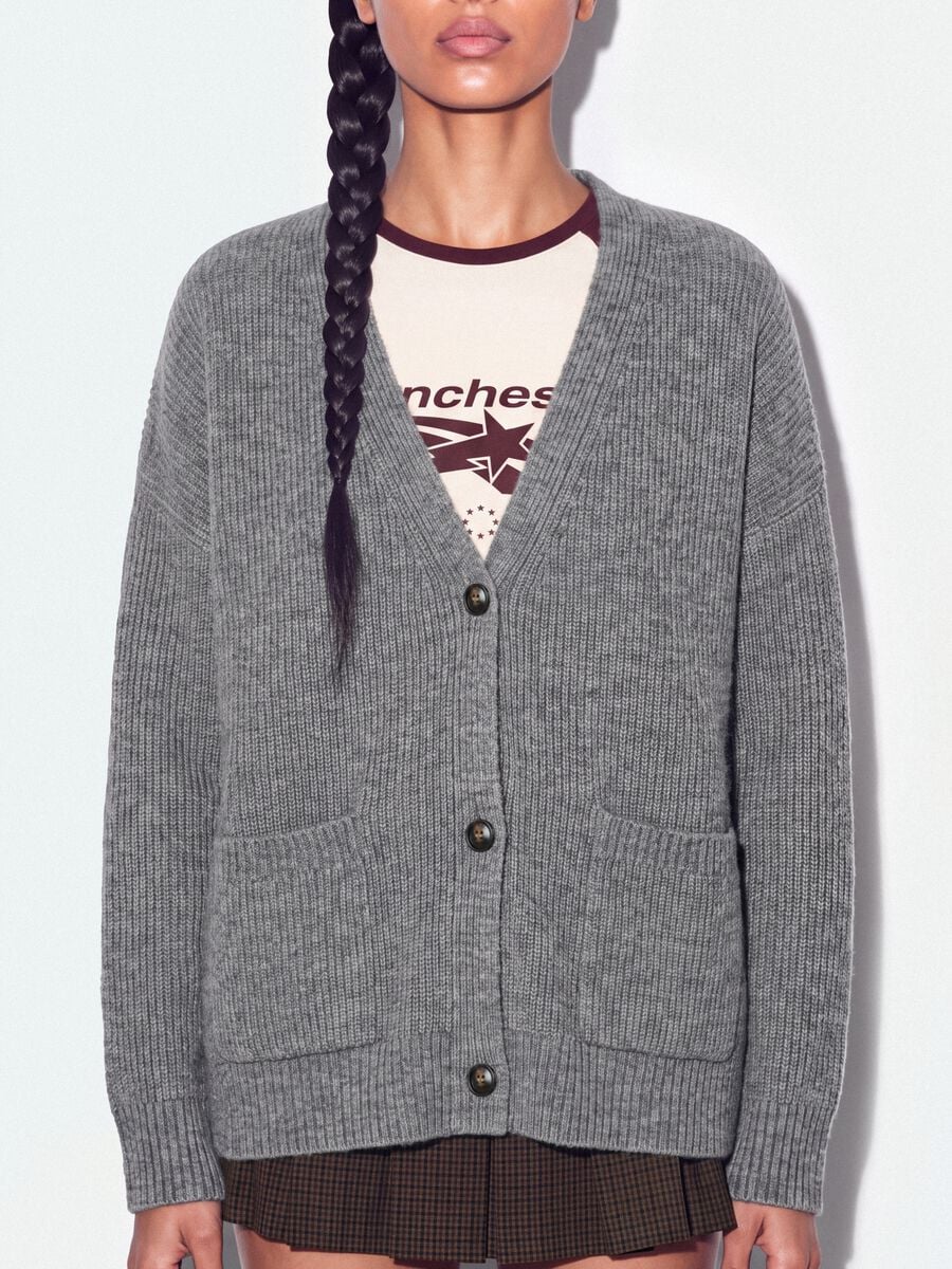 Cardigan grigio in tessuto elasticizzato con scollo profondo a V_2