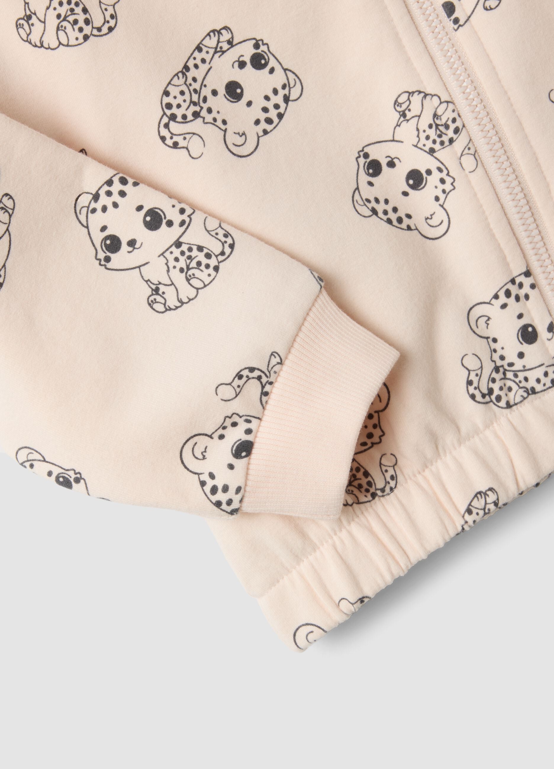 Felpa rosa con cappuccio in cotone elasticizzato con zip e stampa all over per bimba