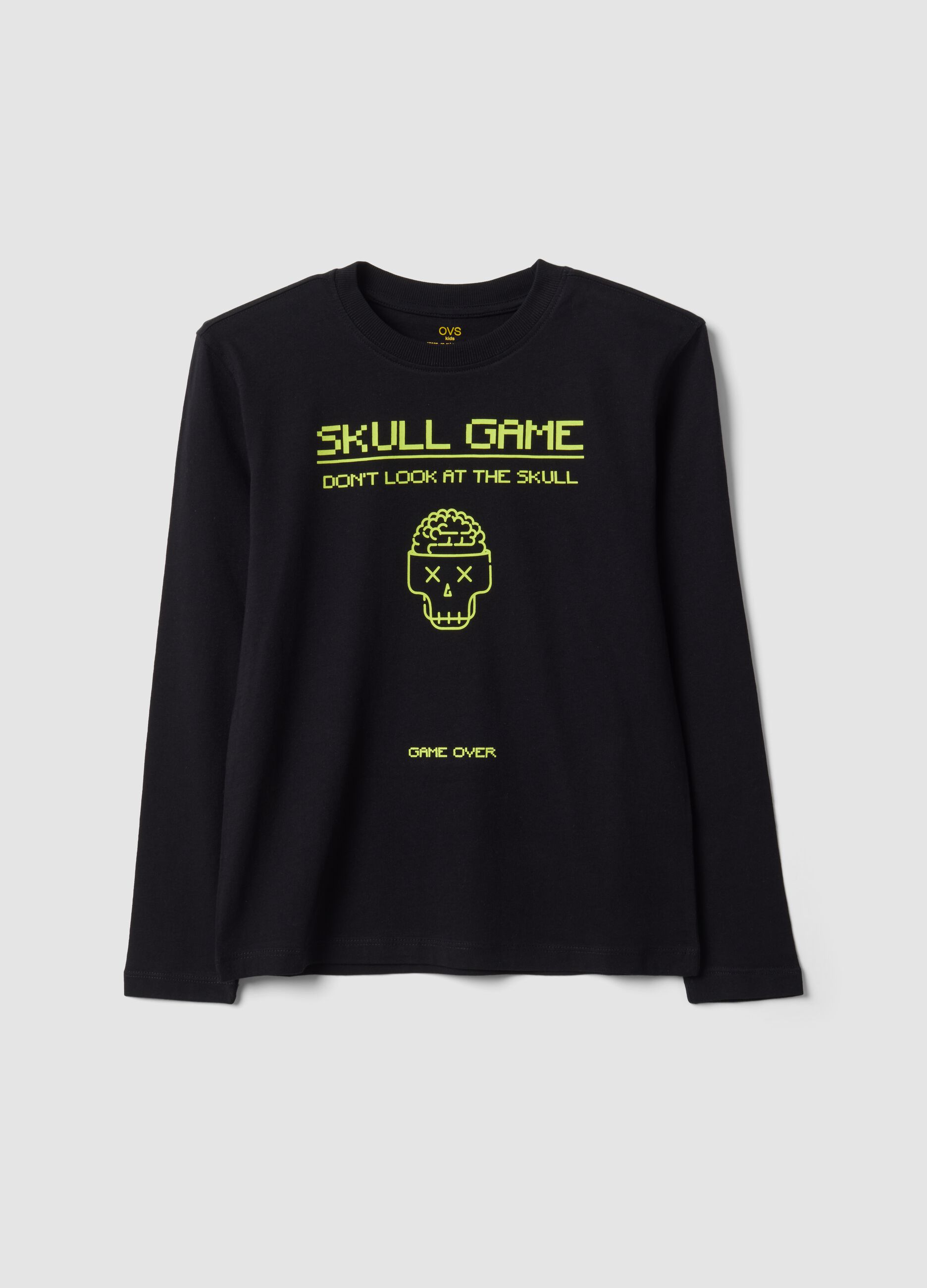 T-shirt nera in puro cotone organico con girocollo e stampa teschio per ragazzo